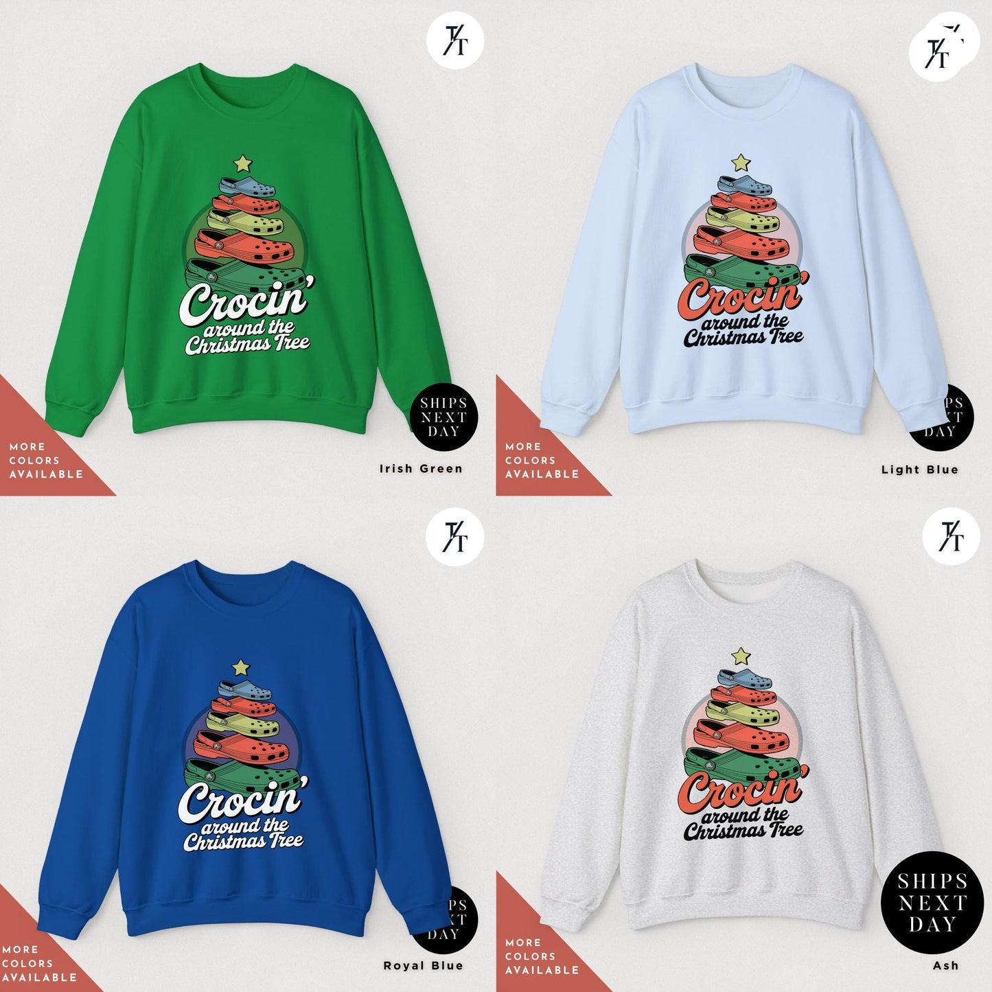 a group of four sweaters with different designs on them