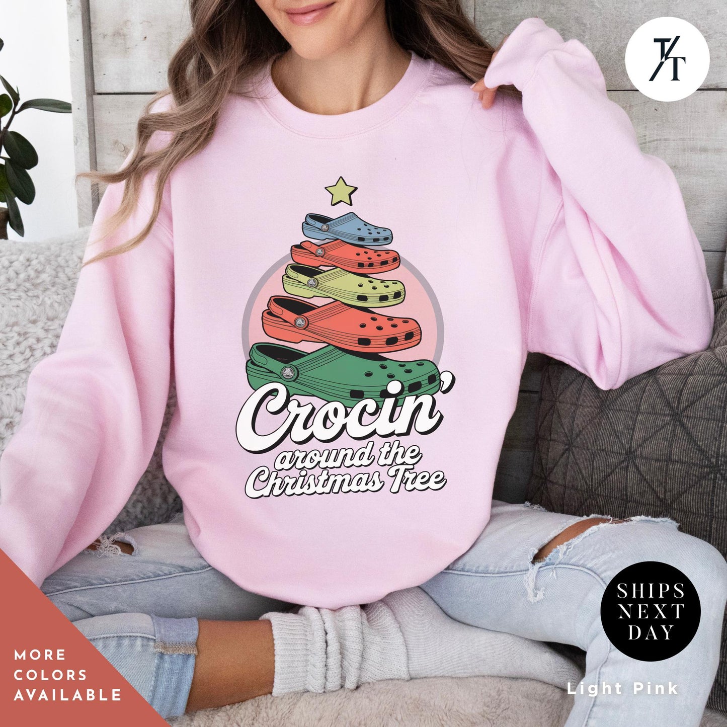 a woman sitting on a couch wearing a pink crew neck sweatshirt, Crocin Around the Christmas Tree Christmas Sweatshirt, Crocin Around Tree Sweater, Holiday Sweatshirt, Funny Xmas Shirt, Funny Xmas Gift