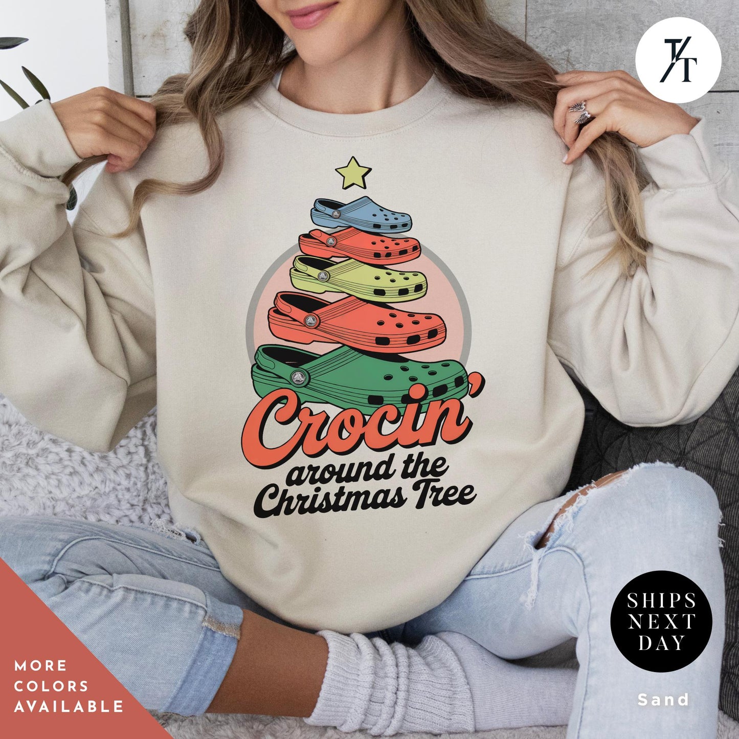 a woman sitting on a couch wearing a sweatshirt, Crocin Around the Christmas Tree Christmas Sweatshirt, Crocin Around Tree Sweater, Holiday Sweatshirt, Funny Xmas Shirt, Funny Xmas Gift