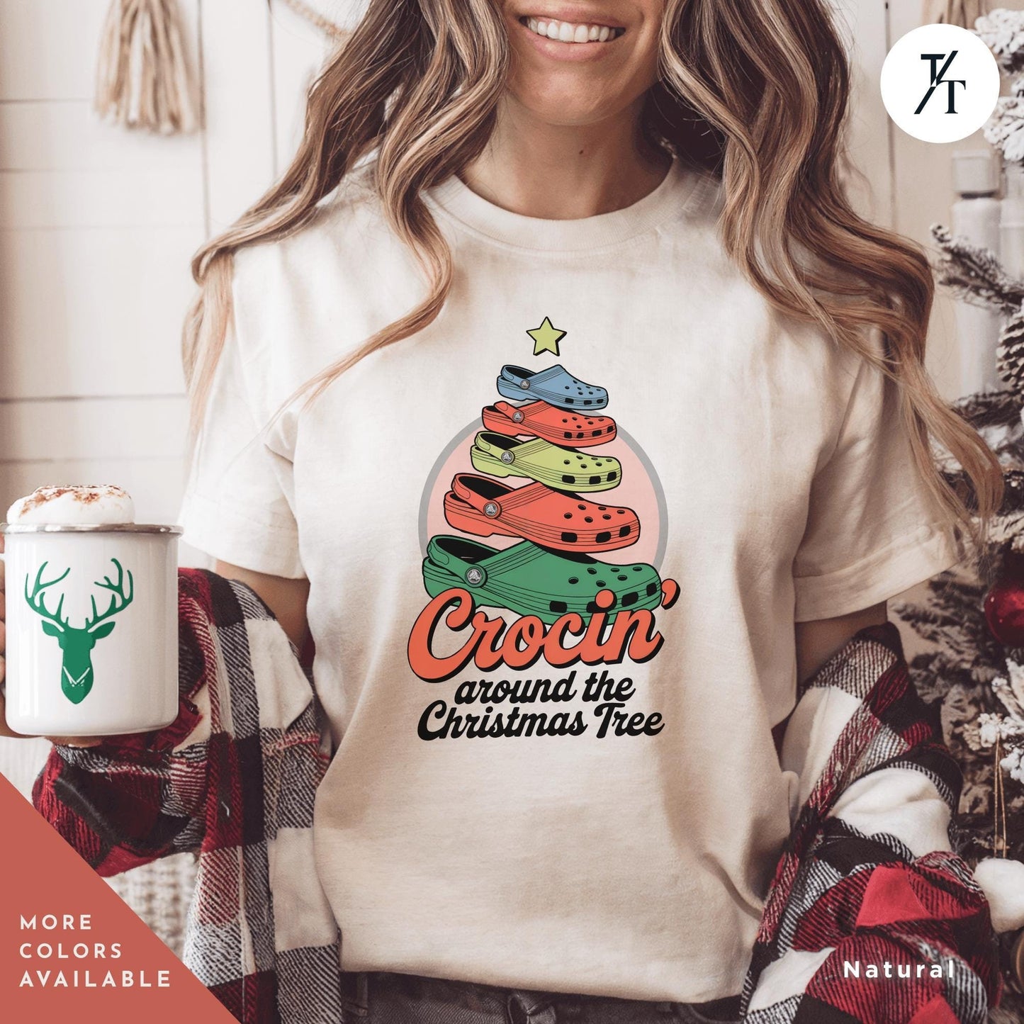 a woman wearing a white shirt with a christmas tree on it, Crocin Around the Christmas Tree Shirt, Funny Christmas Tree Shirt, Crocin Around Tree, Xmas Family Tee, Holiday Xmas Gift Holiday Party Tee