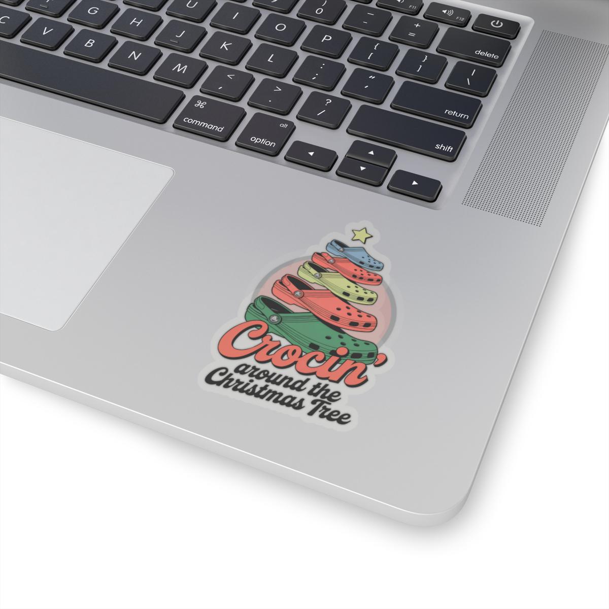 a laptop computer with a sticker on it, crocin around the christmas tree sticker Stocking Stuffer Crocin Around Tree, Water Bottle Decal, Funny Quote Stickers, Laptop Decals Gift