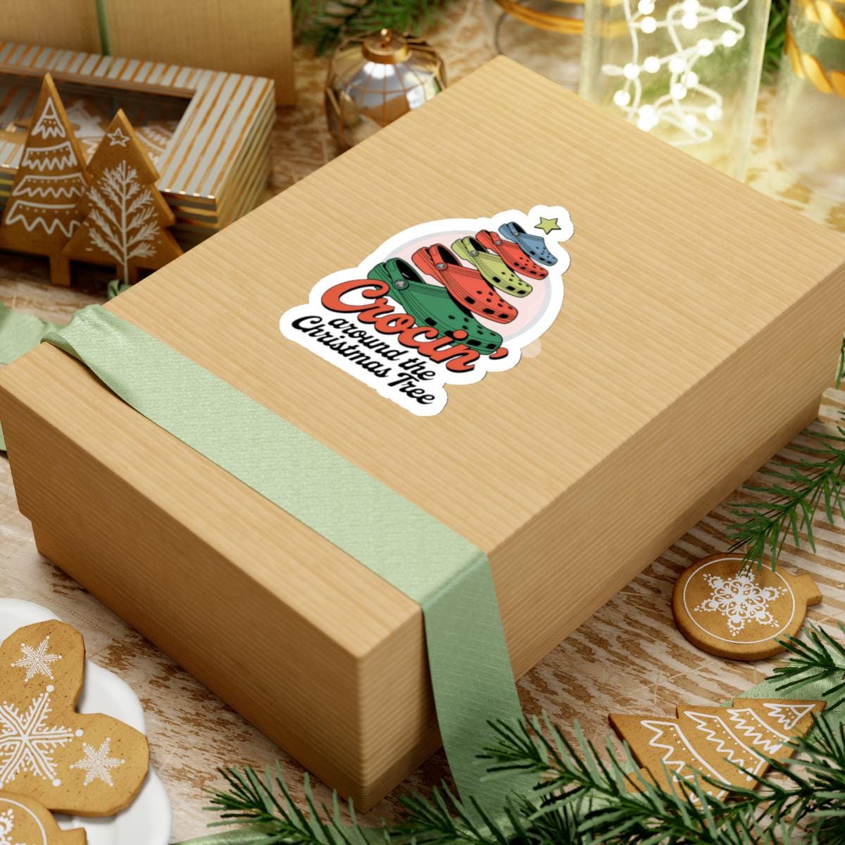 a box with a sticker on it sitting on a table, crocin around the christmas tree sticker Stocking Stuffer Crocin Around Tree, Water Bottle Decal, Funny Quote Stickers, Laptop Decals Gift