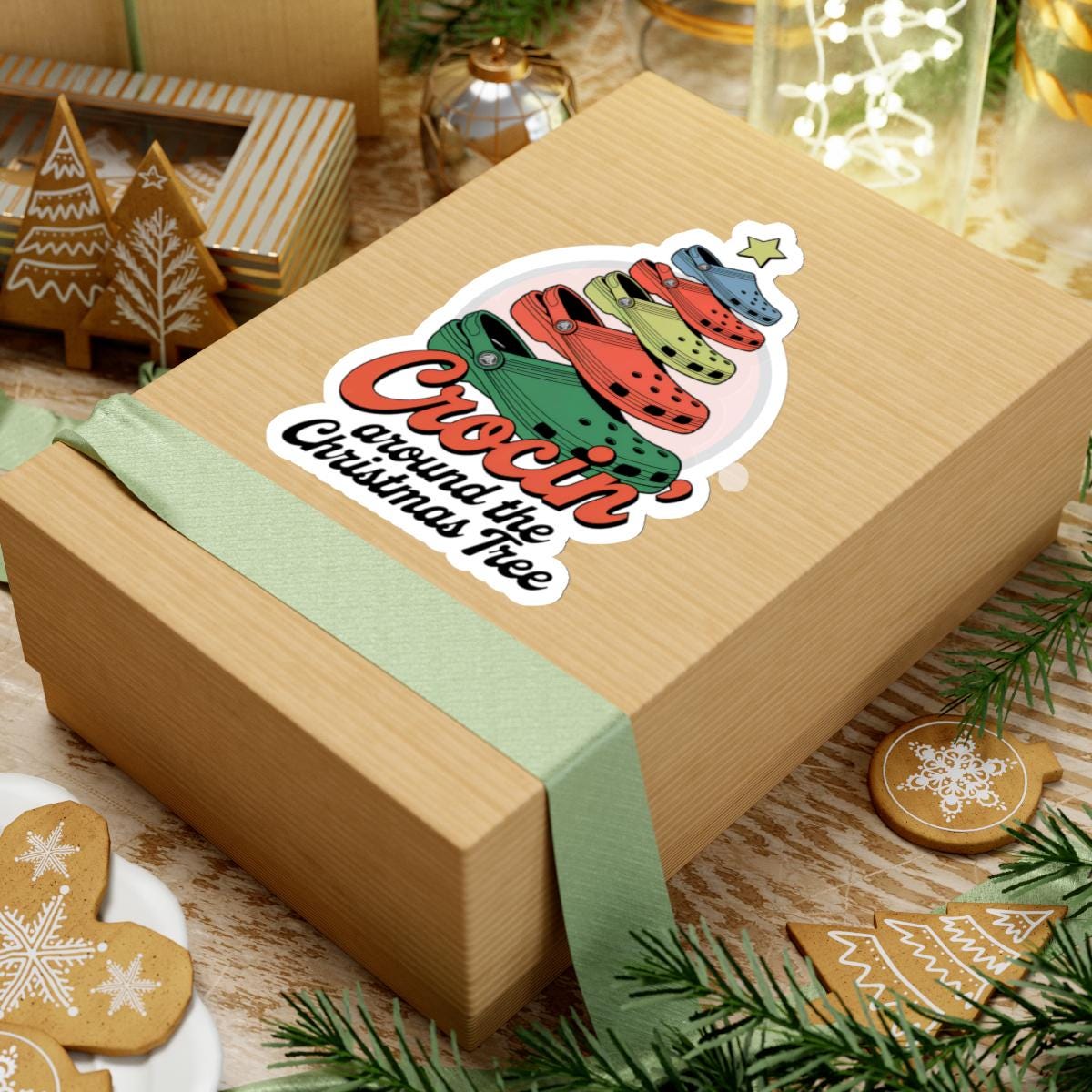 a box with a sticker on it sitting on a table, crocin around the christmas tree sticker Stocking Stuffer Crocin Around Tree, Water Bottle Decal, Funny Quote Stickers, Laptop Decals Gift