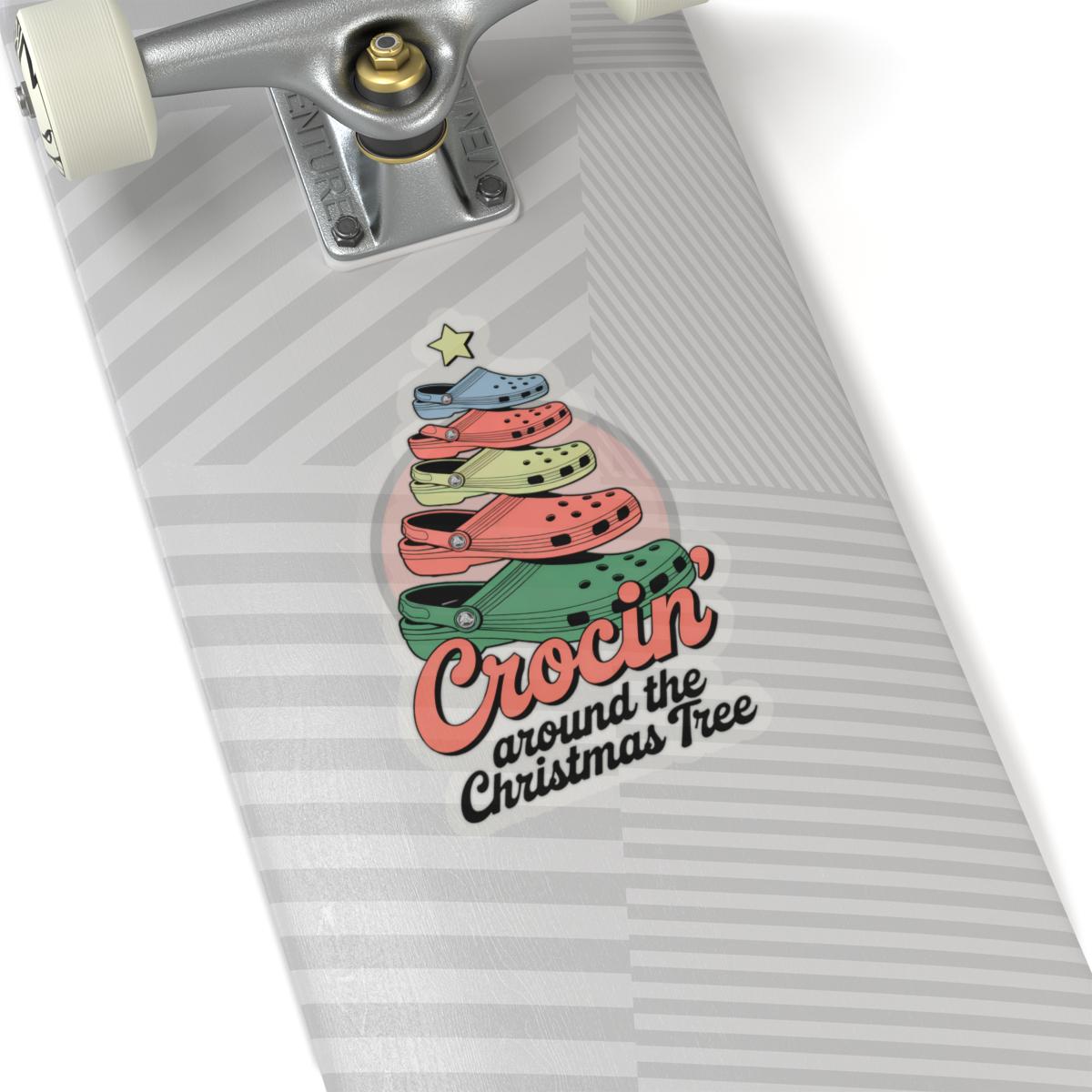 a close up of a skateboard with a sticker on it, crocin around the christmas tree sticker Stocking Stuffer Crocin Around Tree, Water Bottle Decal, Funny Quote Stickers, Laptop Decals Gift