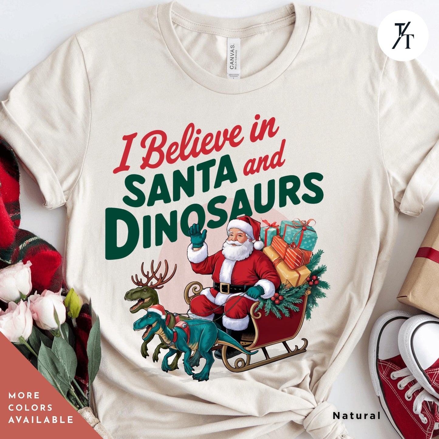 I believe in santa and dinosaurs shirt, Christmas Gift Dinosaur Lover tee Funny Christmas Tee, Dinosaur Sweatshirt, Funny Xmas tShirt