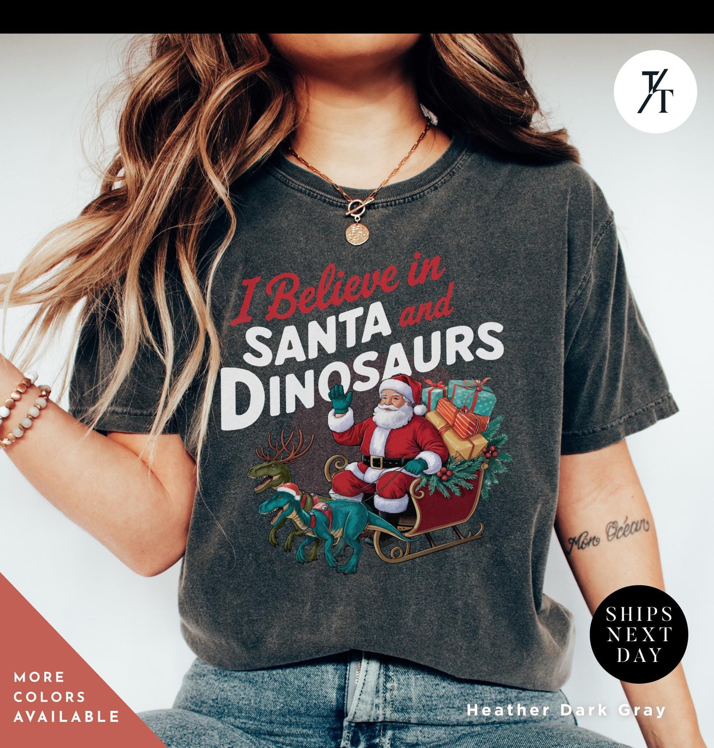 I believe in santa and dinosaurs shirt, Christmas Gift Dinosaur Lover tee Funny Christmas Tee, Dinosaur Sweatshirt, Funny Xmas tShirt