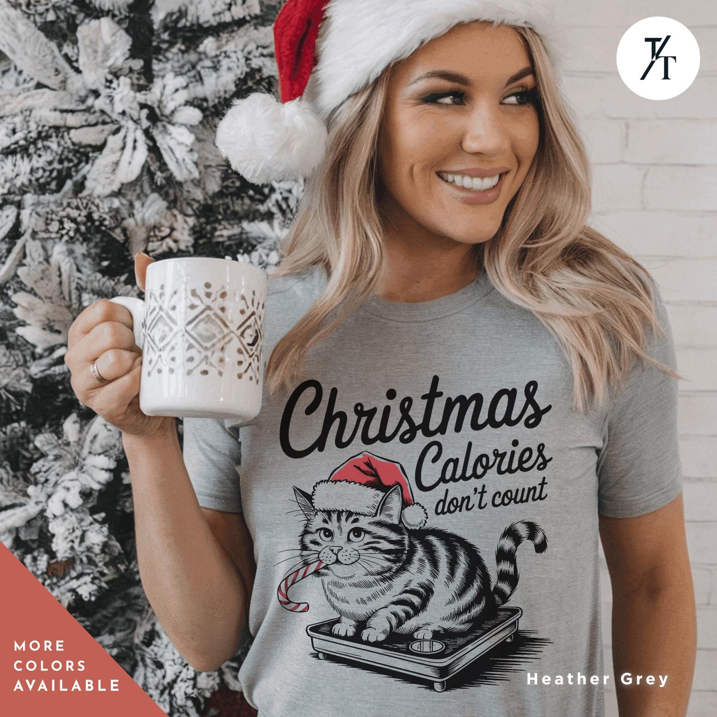 a woman wearing a christmas t - shirt holding a coffee mug, Retro girl christmas dont count calories Christmas Calories Cat Shirt, Gift For Cat Lover Shirt Retro Holiday Funny Vintage Girl Xmas Shirts