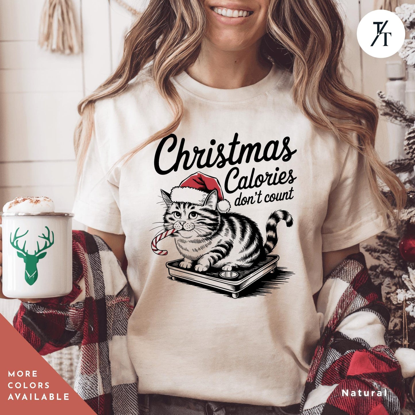a woman wearing a christmas shirt with a cat on it, Retro girl christmas dont count calories Christmas Calories Cat Shirt, Gift For Cat Lover Shirt Retro Holiday Funny Vintage Girl Xmas Shirts