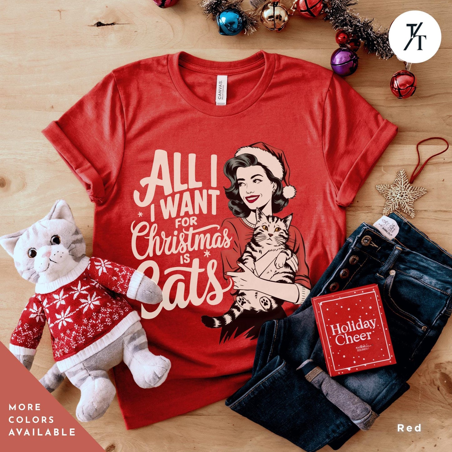 a red t - shirt with an image of a woman and a cat on it, All I Want is for Christmas Cat Shirt, Gift For Cat Lover Shirt, Retro Merry Christmas All I Want For Xmas, CatMom Xmas, funny Holiday tee