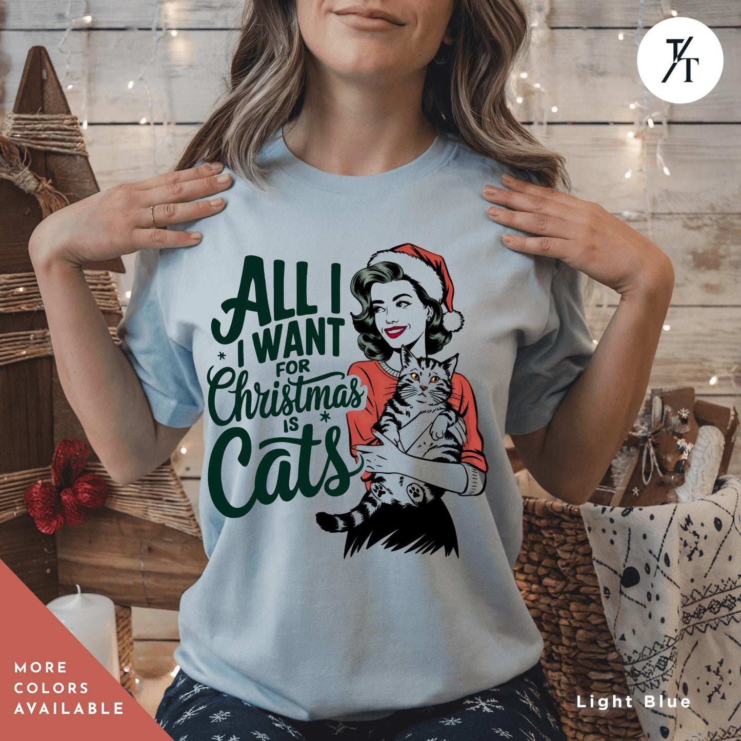 a woman wearing a t - shirt that says all i want for christmas is cats, All I Want is for Christmas Cat Shirt, Gift For Cat Lover Shirt, Retro Merry Christmas All I Want For Xmas, CatMom Xmas, funny Holiday tee