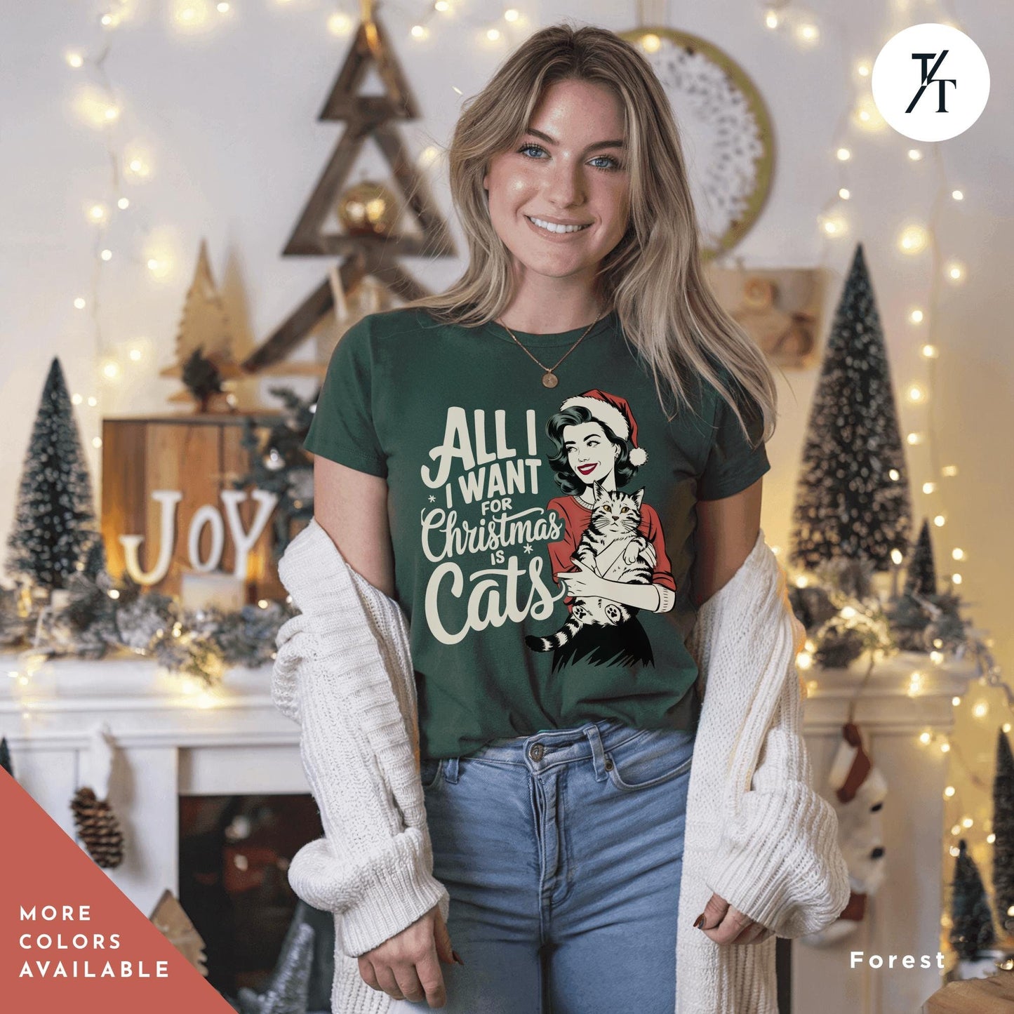 a woman wearing a christmas t - shirt in front of a christmas tree, All I Want is for Christmas Cat Shirt, Gift For Cat Lover Shirt, Retro Merry Christmas All I Want For Xmas, CatMom Xmas, funny Holiday tee