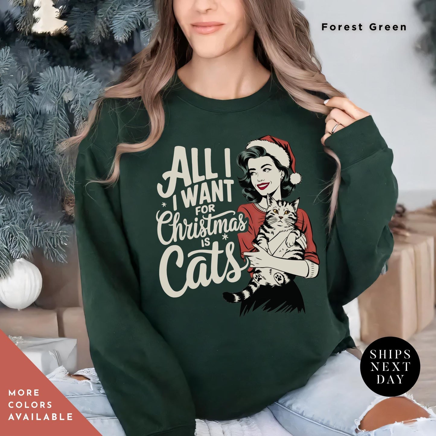 a woman wearing a green christmas sweatshirt with the words all i want for christmas is