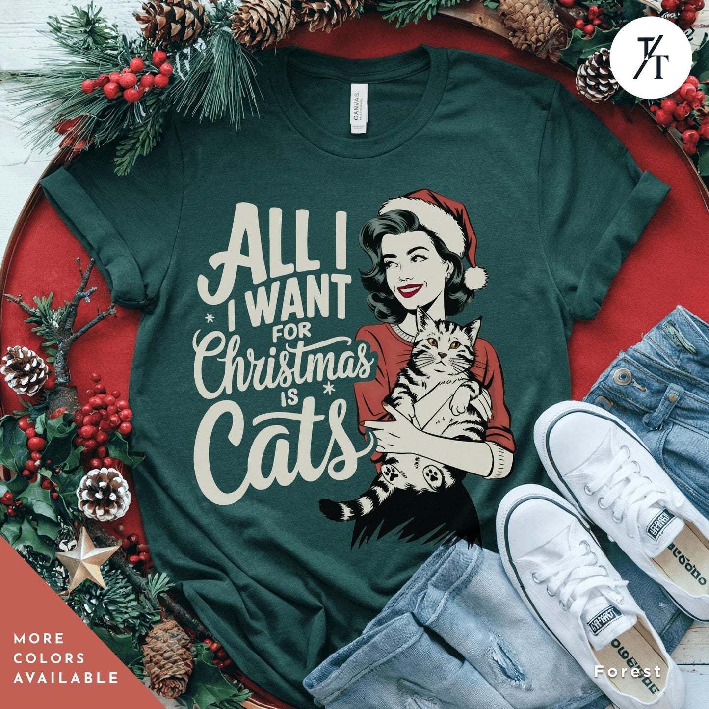 a t - shirt with an image of a woman holding a cat, All I Want is for Christmas Cat Shirt, Gift For Cat Lover Shirt, Retro Merry Christmas All I Want For Xmas, CatMom Xmas, funny Holiday tee