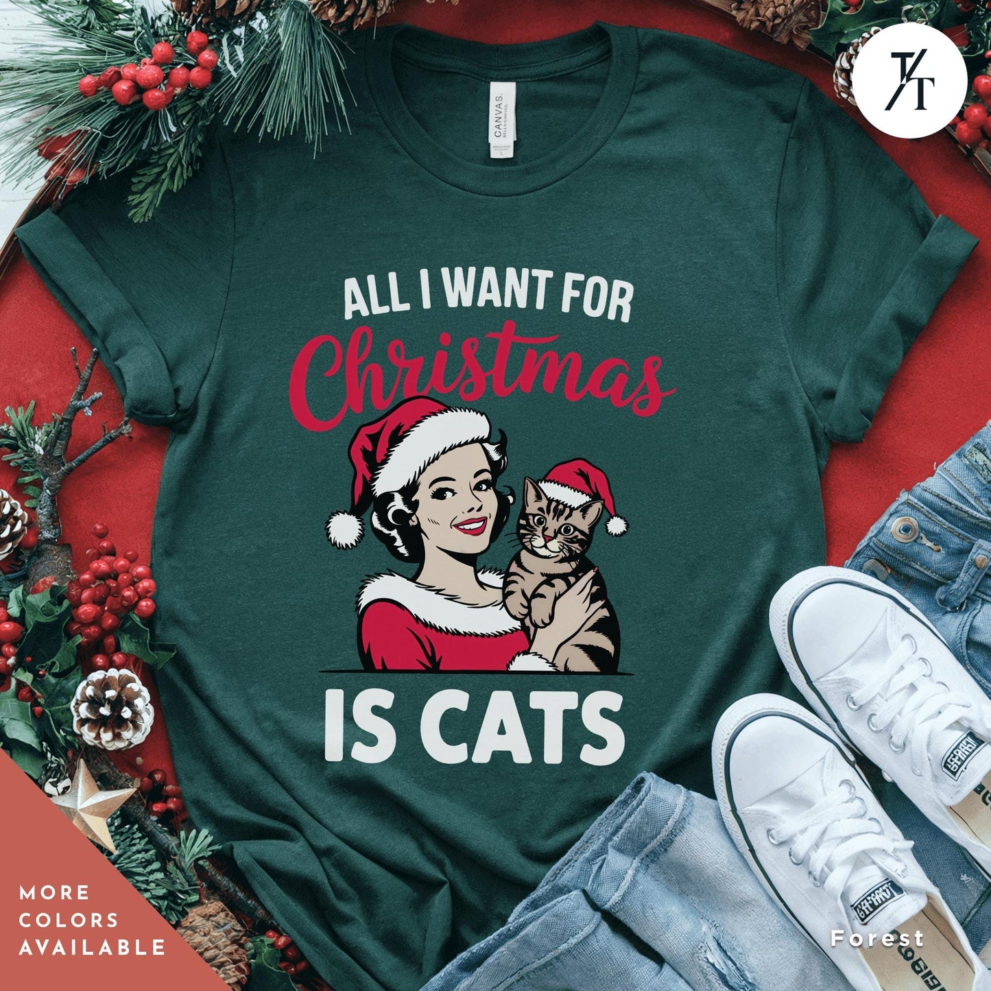 a woman wearing a santa hat and holding a cat, All I Want is for Christmas Cat Shirt, Gift For Cat Lover Shirt, Retro Merry Christmas All I Want For Xmas, CatMom Xmas, funny Holiday tee