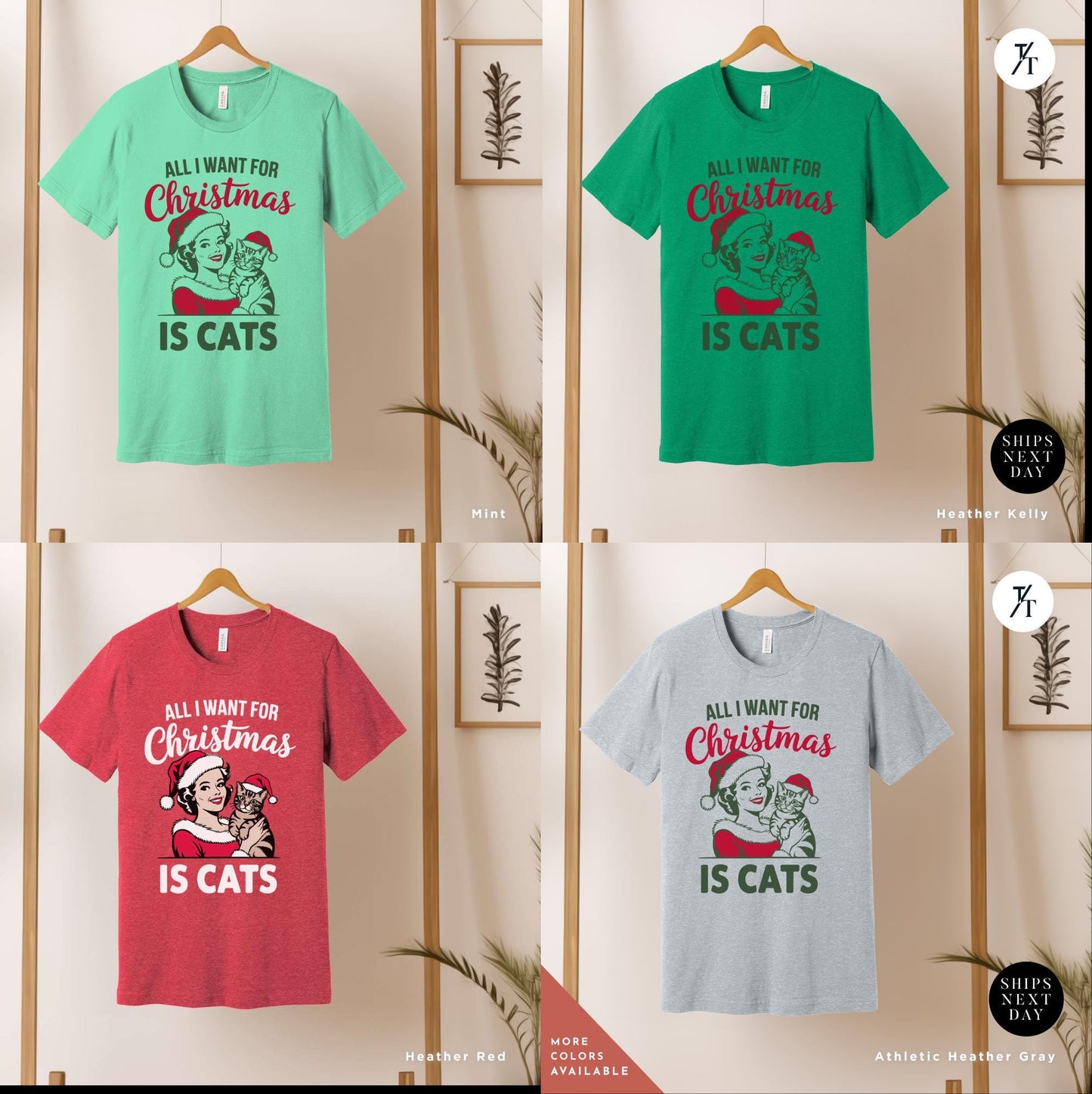 a bunch of t shirts that are on a rack, All I Want is for Christmas Cat Shirt, Gift For Cat Lover Shirt, Retro Merry Christmas All I Want For Xmas, CatMom Xmas, funny Holiday tee