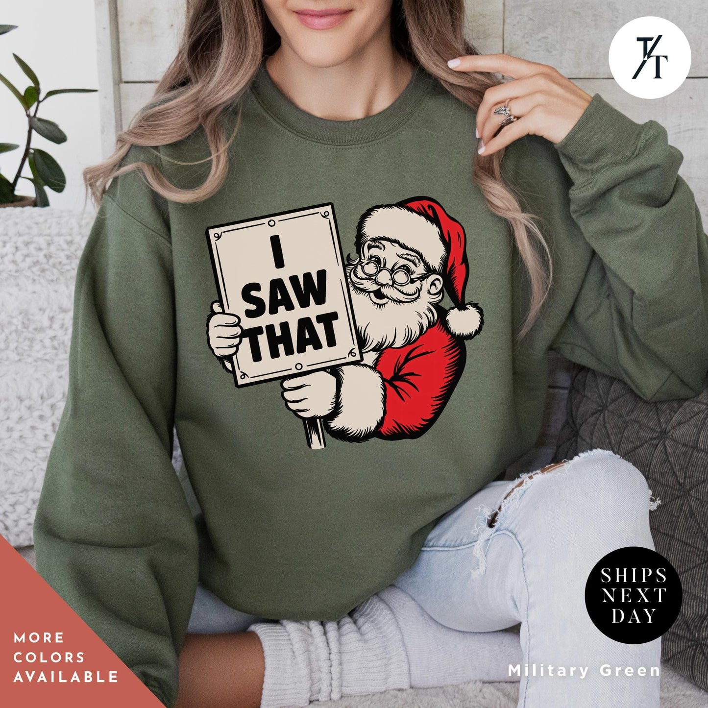 a woman holding a sign that says i saw that, i saw that sweatshirt Retro Christmas Sweatshirt, Santa Sweatshirts, Funny Christmas Sweater Santa Claus Sweater, Funny Holiday Sweatshirts