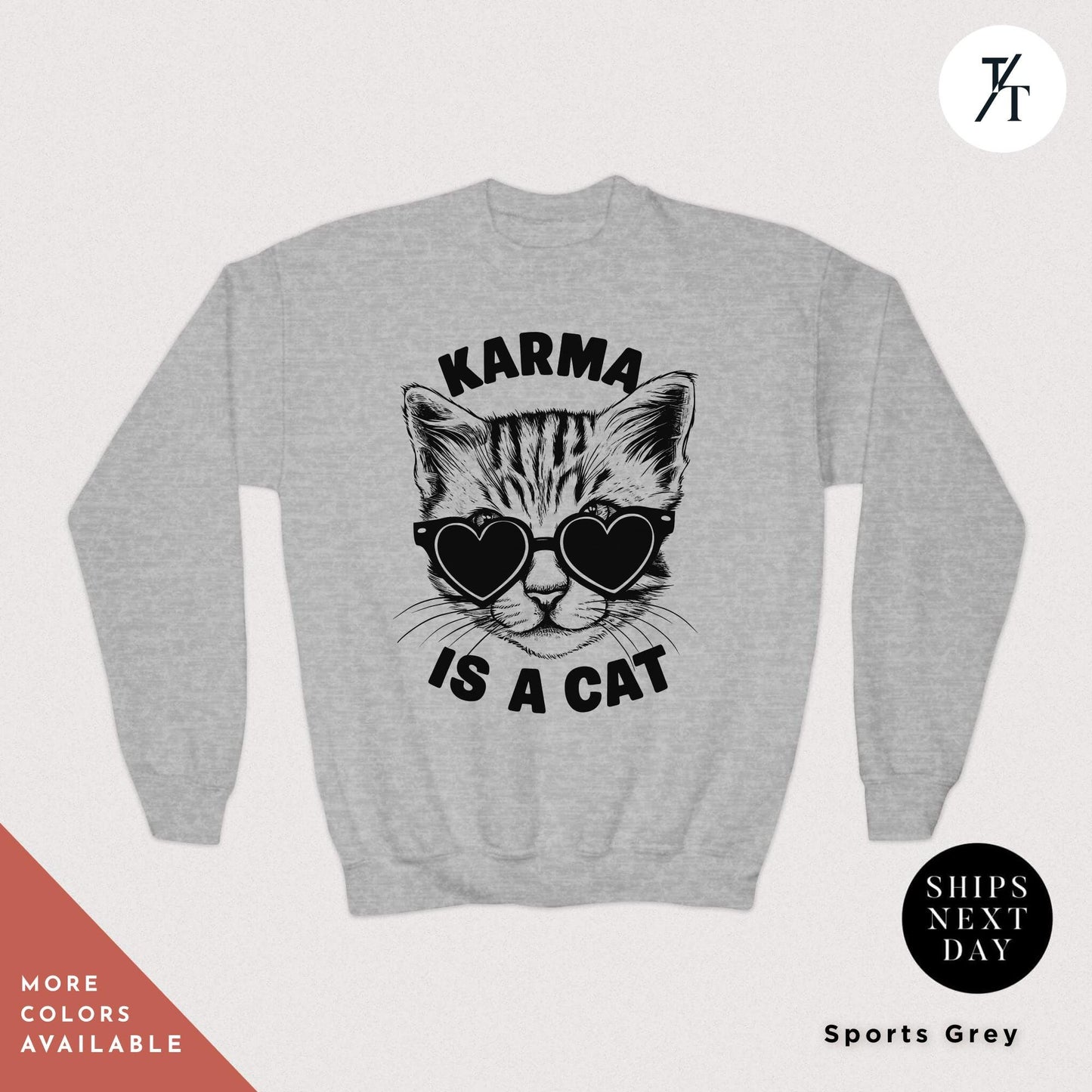 a gray sweatshirt with a cat wearing sunglasses, Karma is a cat sweatshirt kids, Swiftie Kids Sweater, Swiftie Kid Clothes Gift For Her Kid Christmas Gift Cat Lovers shirt Taylor Swift