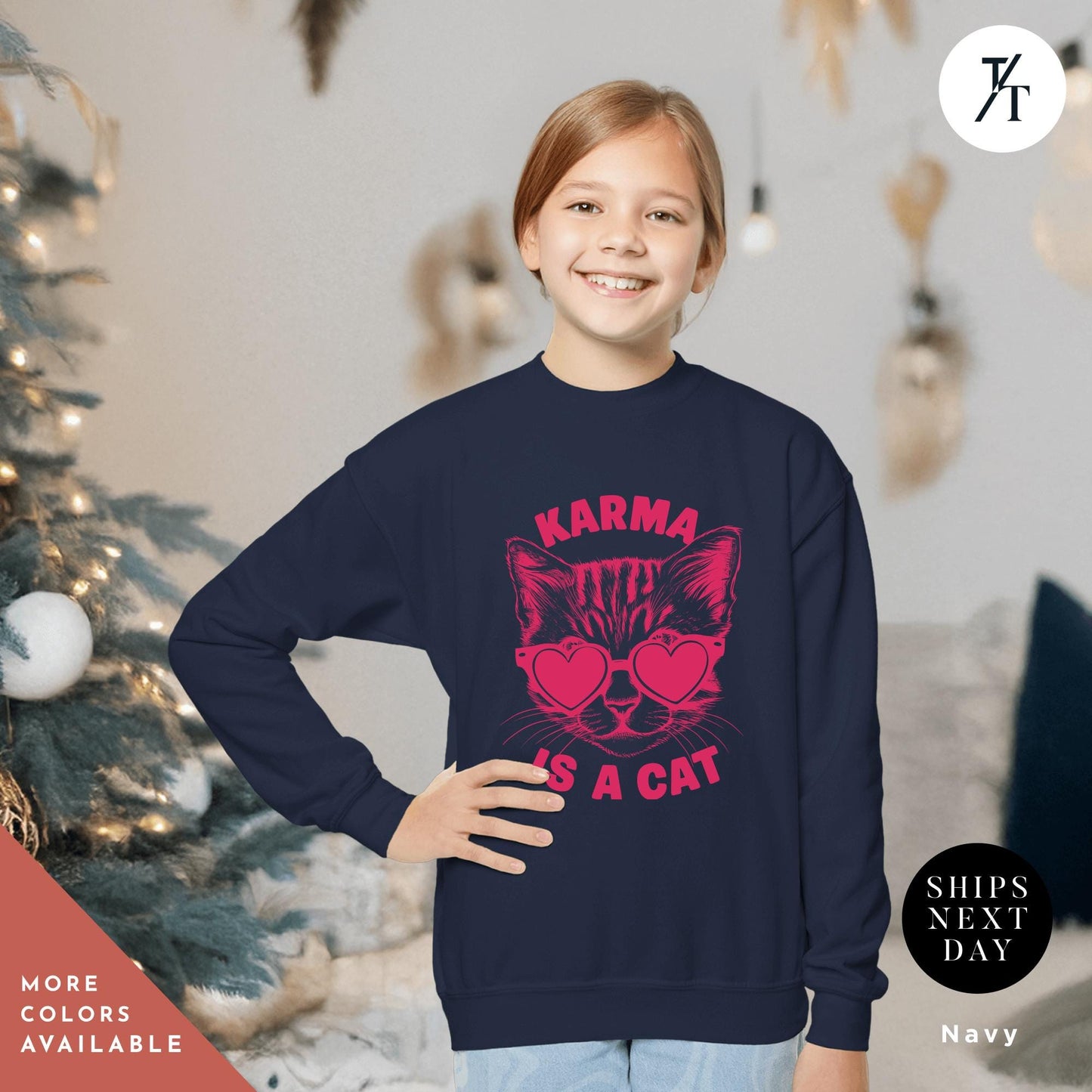 a young girl wearing a sweatshirt with a cat on it, Karma is a cat sweatshirt kids, Swiftie Kids Sweater, Swiftie Kid Clothes Gift For Her Kid Christmas Gift Cat Lovers shirt Taylor Swift