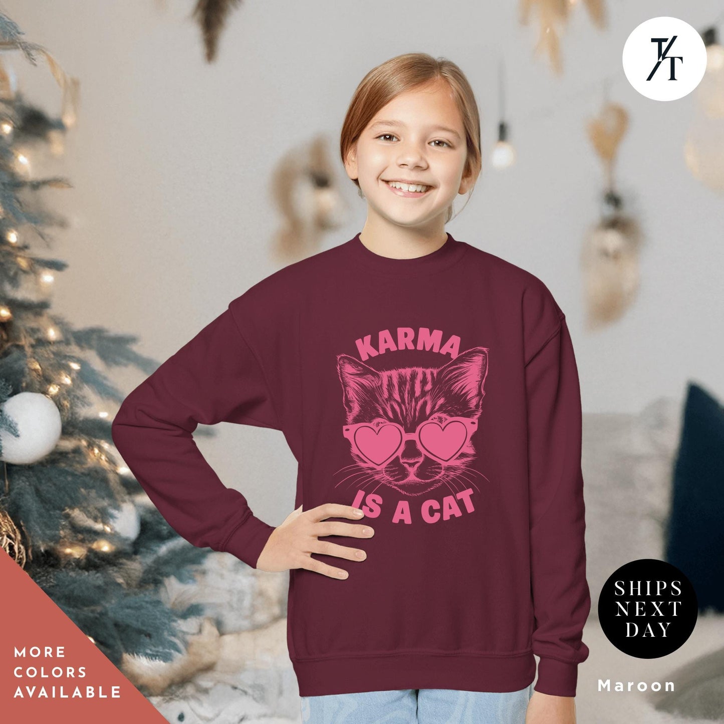 a young girl wearing a maroon sweater with a cat on it, Karma is a cat sweatshirt kids, Swiftie Kids Sweater, Swiftie Kid Clothes Gift For Her Kid Christmas Gift Cat Lovers shirt Taylor Swift