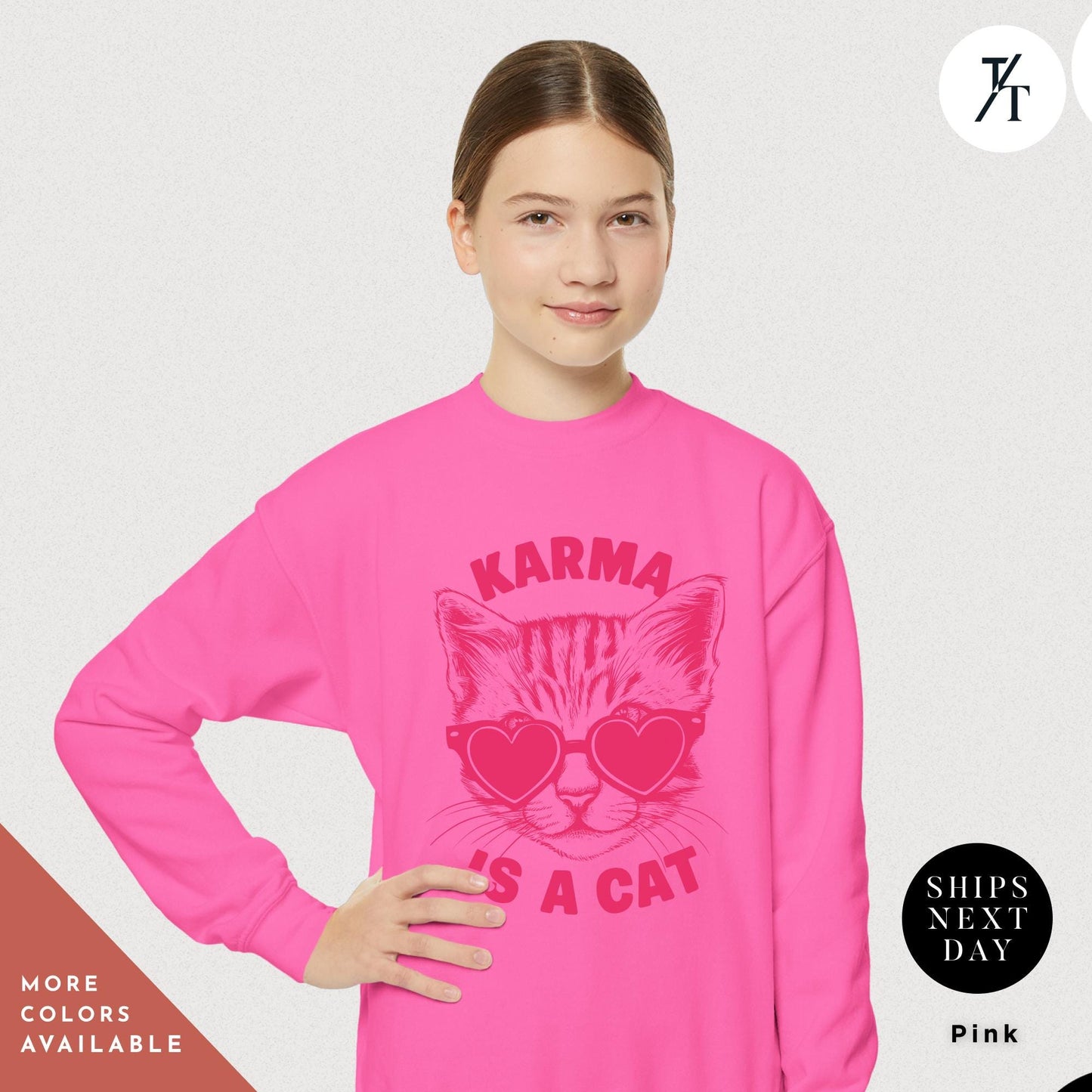 a woman wearing a pink sweatshirt with a cat on it, Karma is a cat sweatshirt kids, Swiftie Kids Sweater, Swiftie Kid Clothes Gift For Her Kid Christmas Gift Cat Lovers shirt Taylor Swift