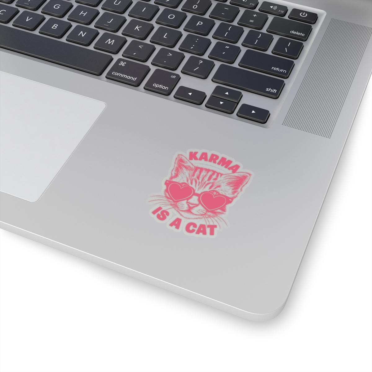 a laptop computer with a sticker of a cat, Karma Is A Cat Decal Taylor Swift Sticker, Karma Cat Sticker Taylor Swift Merch Water Bottle Vinyl Laptop Stickers Eras Tour Cute Cats Decal