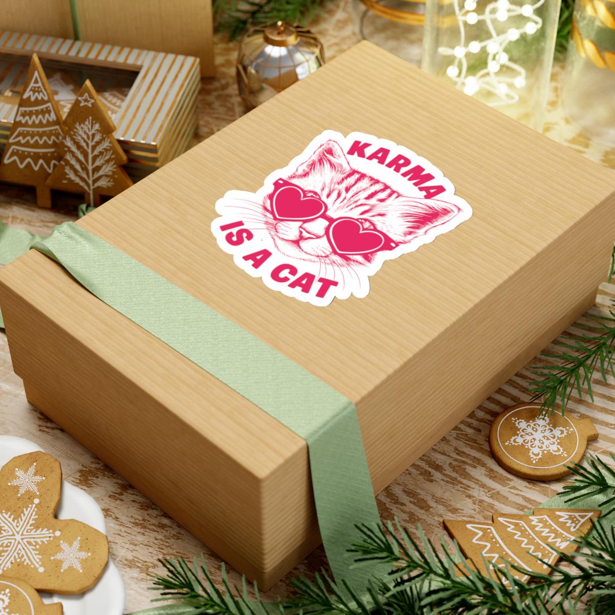 a box with a sticker on it sitting on a table, Karma Is A Cat Decal Taylor Swift Sticker, Karma Cat Sticker Taylor Swift Merch Water Bottle Vinyl Laptop Stickers Eras Tour Cute Cats Decal