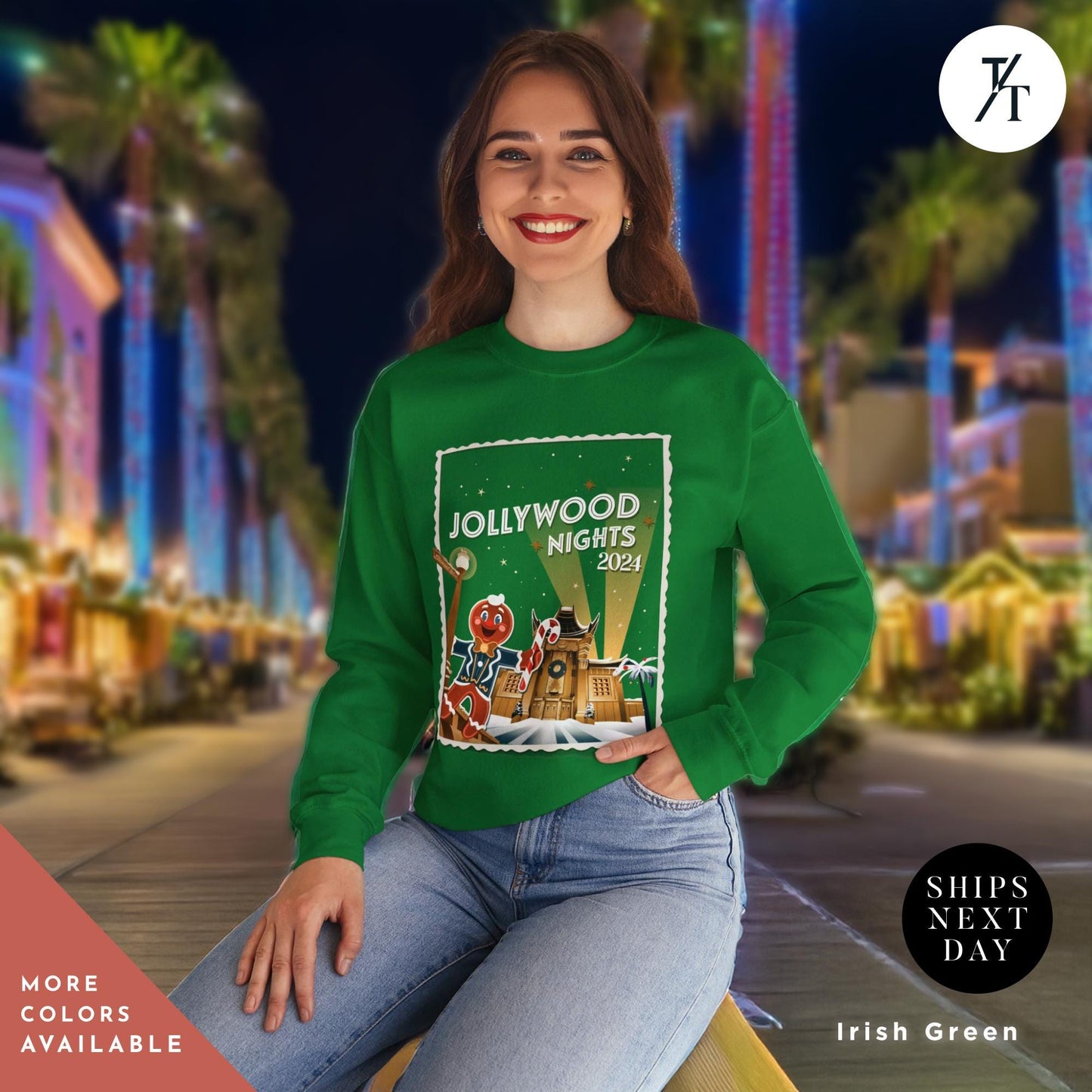a woman wearing a green sweatshirt and jeans, Hollywood nights 2024 Christmas Sweatshirt, Hollywood Studios Christmas Shirt, Jollywood Nights Tee, Sweatshirt Hoodie, Family Matching Tee