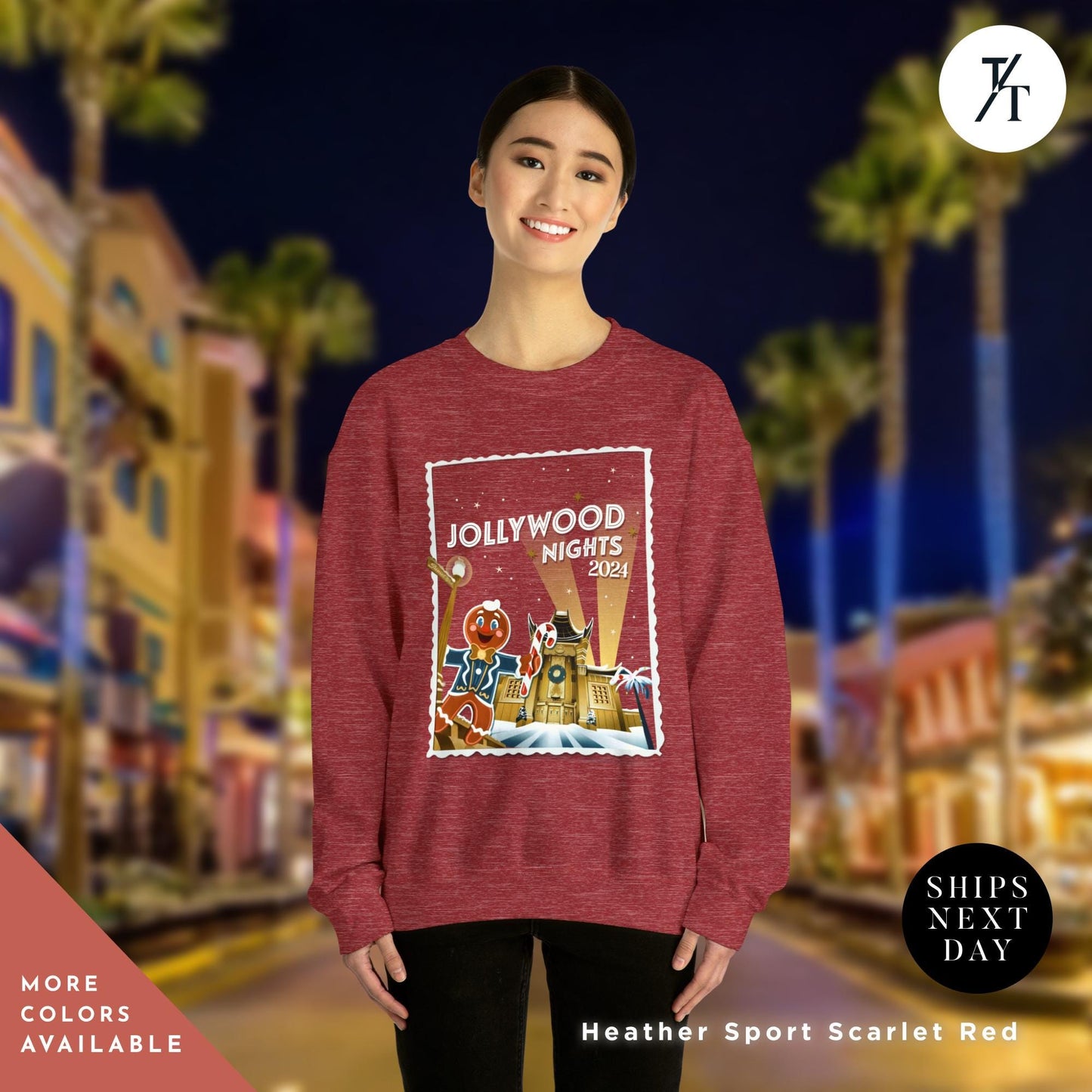 a woman wearing a red sweatshirt and black pants, Hollywood nights 2024 Christmas Sweatshirt, Hollywood Studios Christmas Shirt, Jollywood Nights Tee, Sweatshirt Hoodie, Family Matching Tee
