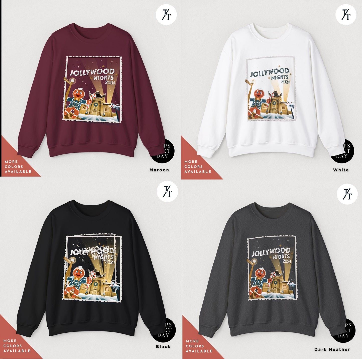 a group of four sweatshirts with the words hollywood on them, Hollywood nights 2024 Christmas Sweatshirt, Hollywood Studios Christmas Shirt, Jollywood Nights Tee, Sweatshirt Hoodie, Family Matching Tee