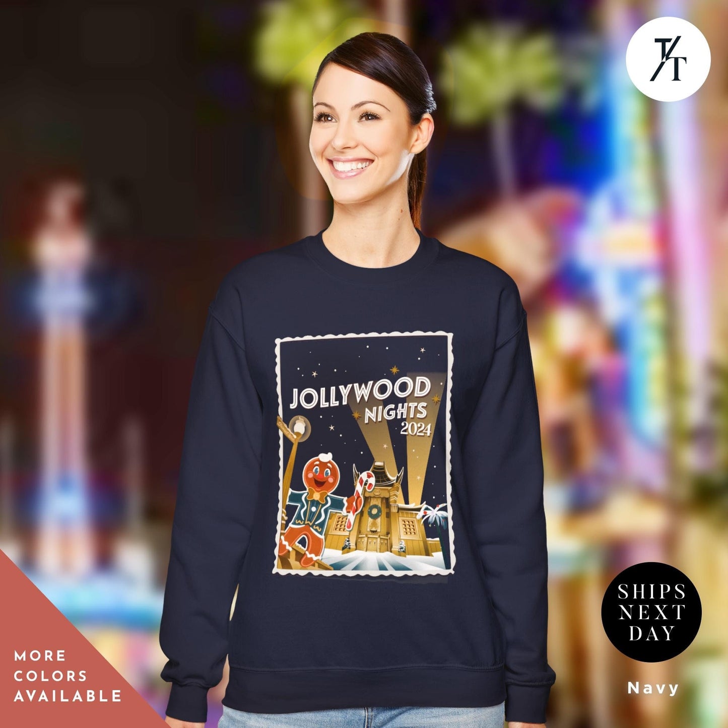 a woman wearing a sweatshirt that says hollywood nights, Hollywood nights 2024 Christmas Sweatshirt, Hollywood Studios Christmas Shirt, Jollywood Nights Tee, Sweatshirt Hoodie, Family Matching Tee