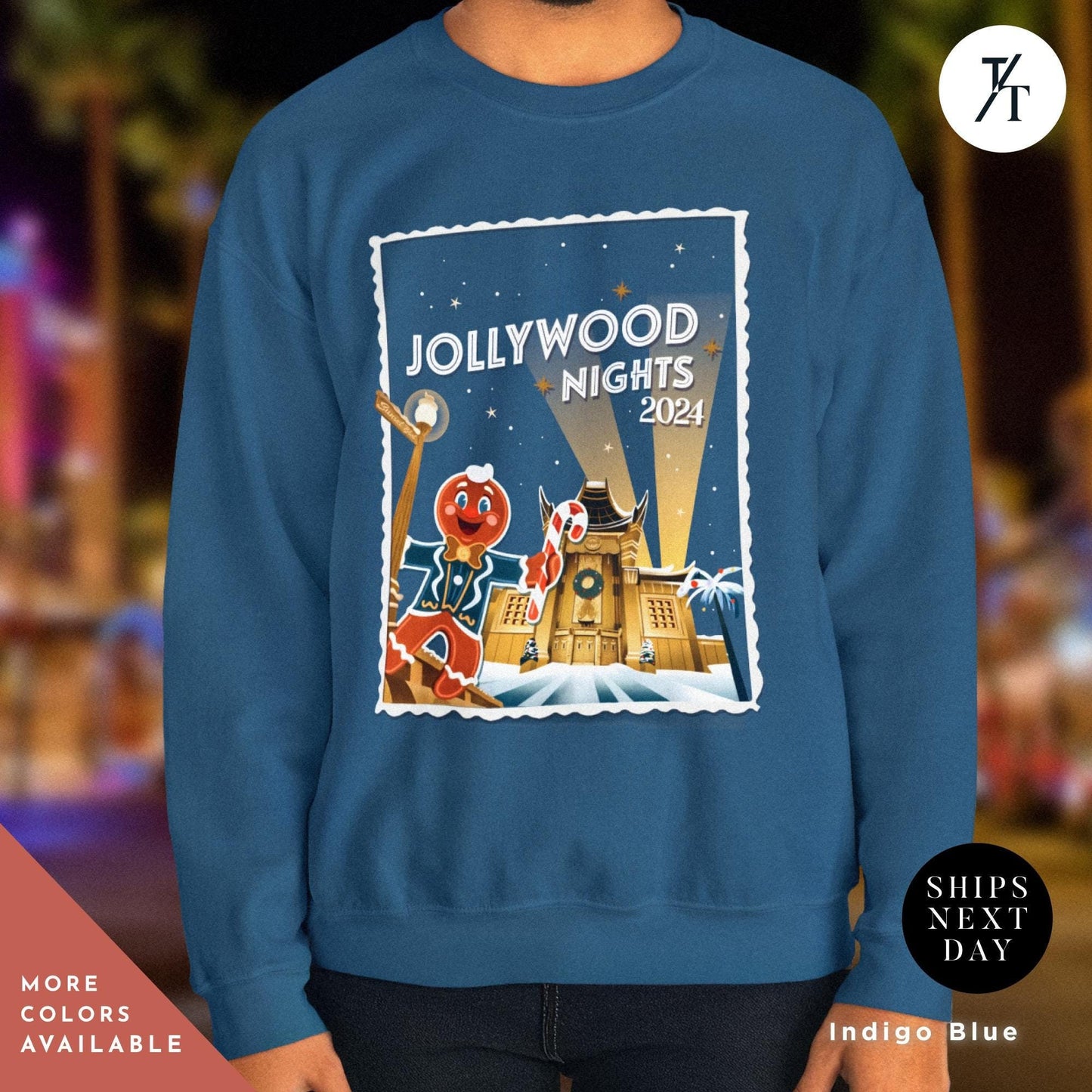 a blue sweatshirt with a picture of a cartoon character on it, Hollywood nights 2024 Christmas Sweatshirt, Hollywood Studios Christmas Shirt, Jollywood Nights Tee, Sweatshirt Hoodie, Family Matching Tee