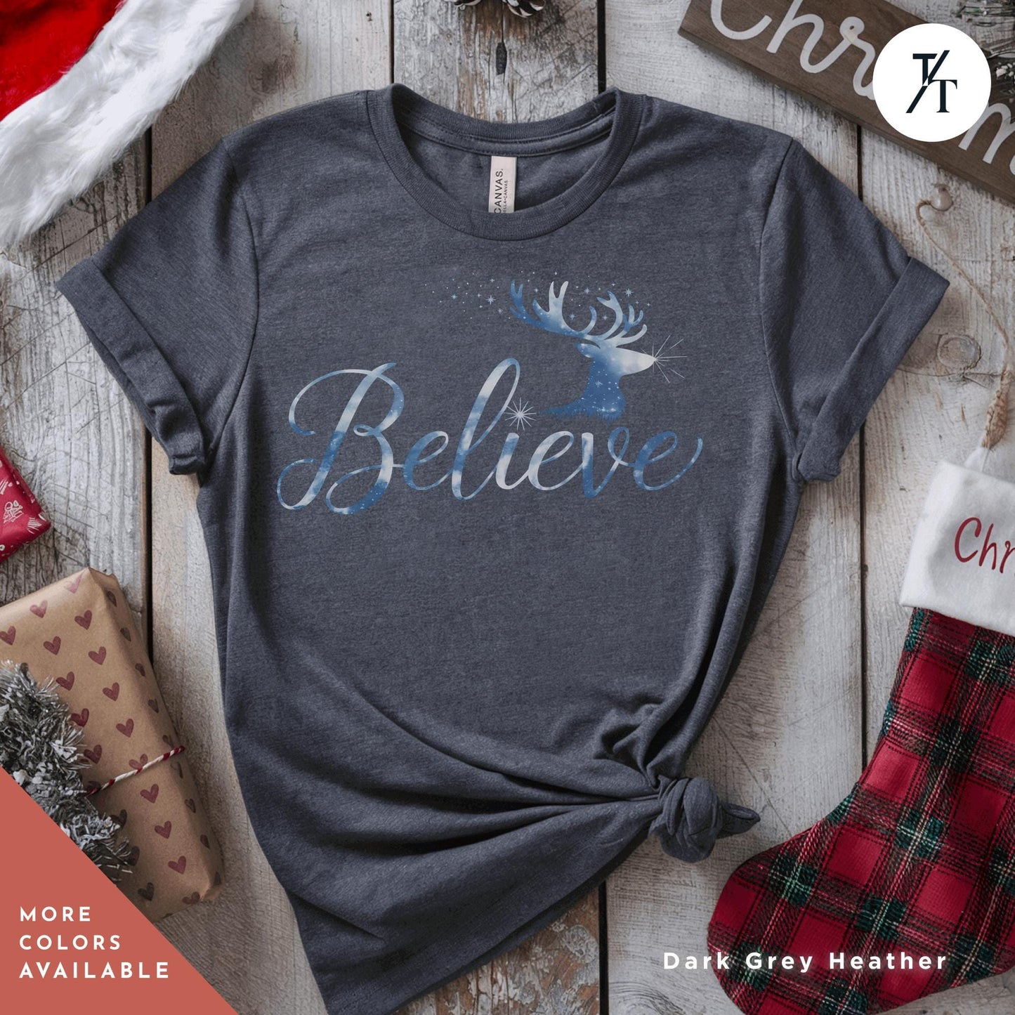 a t - shirt with the words believe on it Believe in Miracles Santa Shirt, Christmas Miracle Reindeer Shirt, Merry Christmas Tee, Believer Tee, Santa Believe Shirts Believe Quote