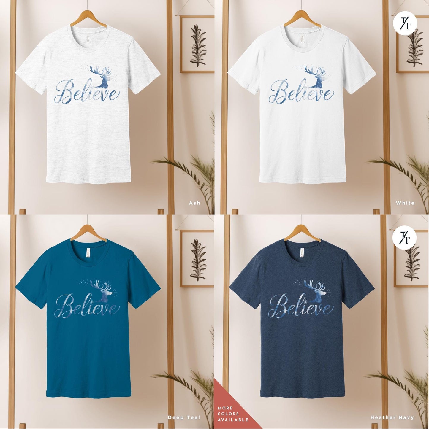 four t - shirts with the words believe, believe, believe, believe and believe Believe in Miracles Santa Shirt, Christmas Miracle Reindeer Shirt, Merry Christmas Tee, Believer Tee, Santa Believe Shirts Believe Quote