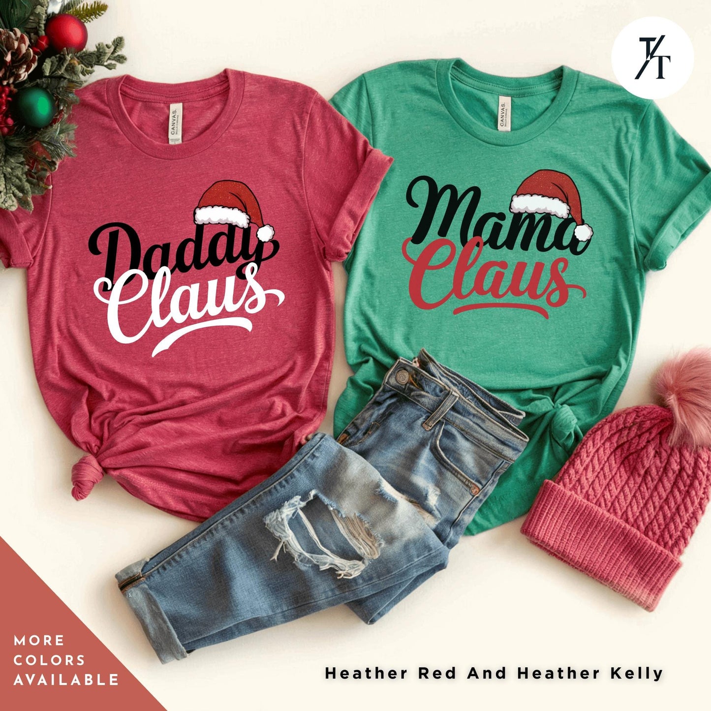 a couple of shirts that are on a table, Mama, Daddy and Mini Claus shirt, Christmas Matching Family Tees, Mama And Mini Claus Shirt, Mommy And Me Christmas Couple Xmas Matching Set
