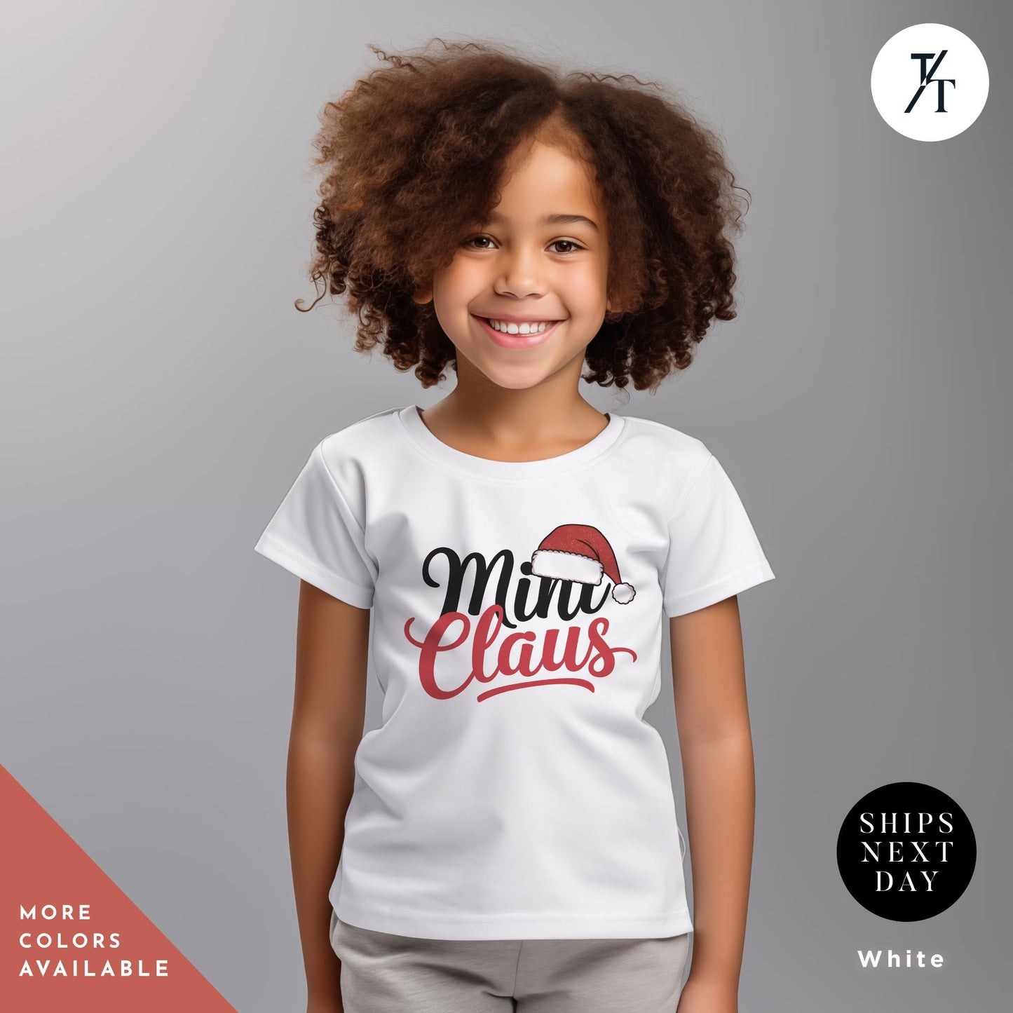 a young girl wearing a t - shirt with the words, miss claus on it, Mama, Daddy and Mini Claus shirt, Christmas Matching Family Tees, Mama And Mini Claus Shirt, Mommy And Me Christmas Couple Xmas Matching Set