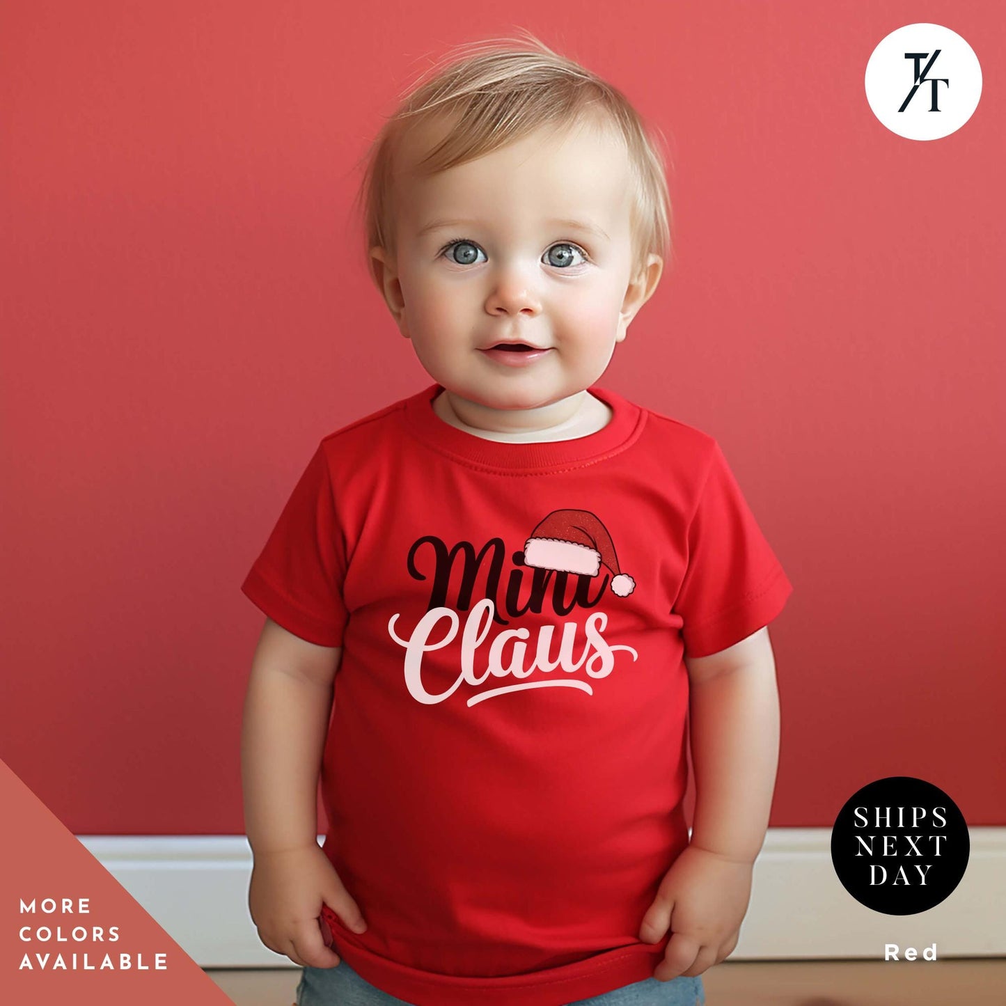 a little boy standing in front of a red wall, Mama, Daddy and Mini Claus shirt, Christmas Matching Family Tees, Mama And Mini Claus Shirt, Mommy And Me Christmas Couple Xmas Matching Set