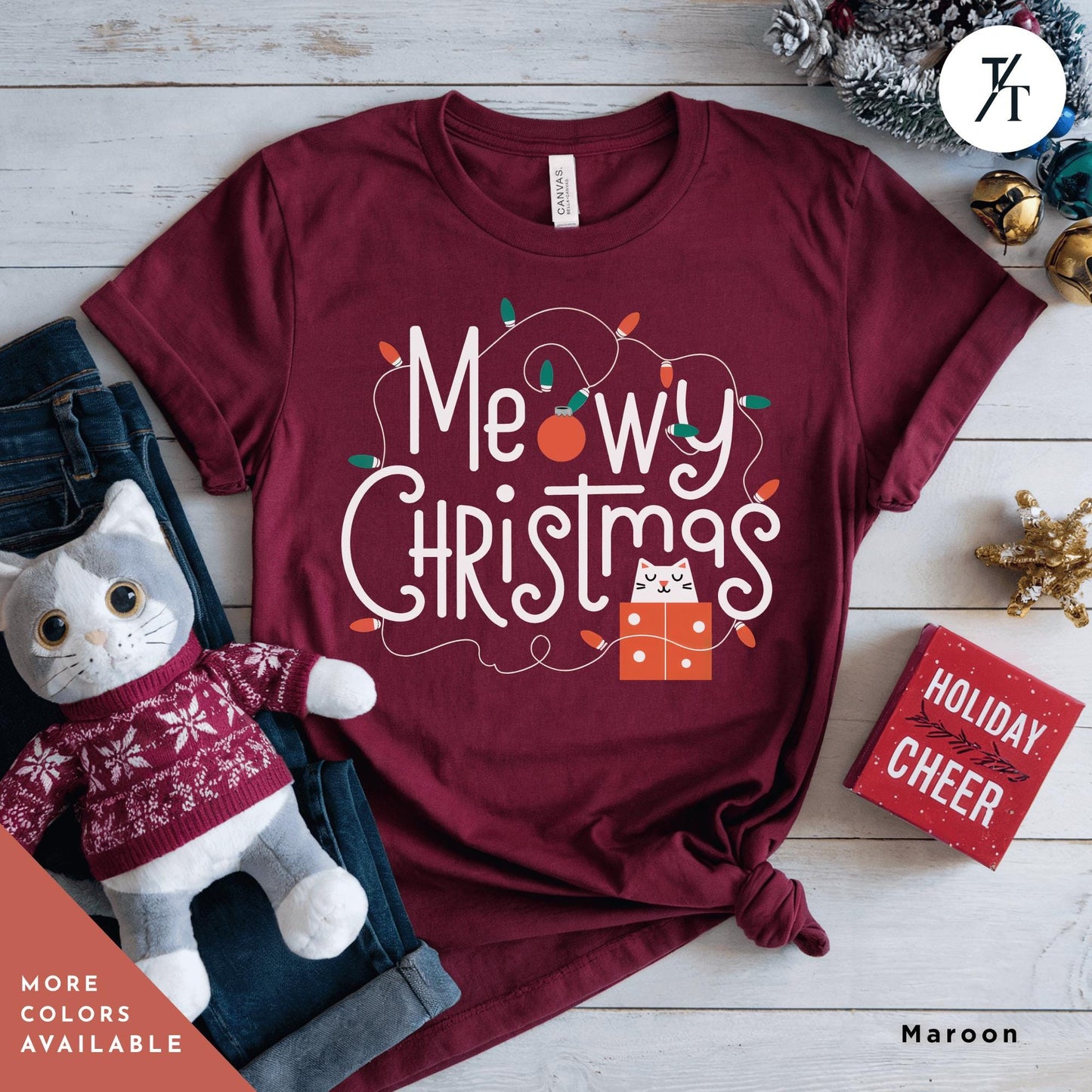 a t - shirt that says merry christmas with a cat wearing a sweater, Meowy Christmas black cat christmas lights Shirt, Xmas Black Cats Shirt, Gift For Cat Lover Shirts, Gift For CatMom, Holiday Meowy Xmas Tee