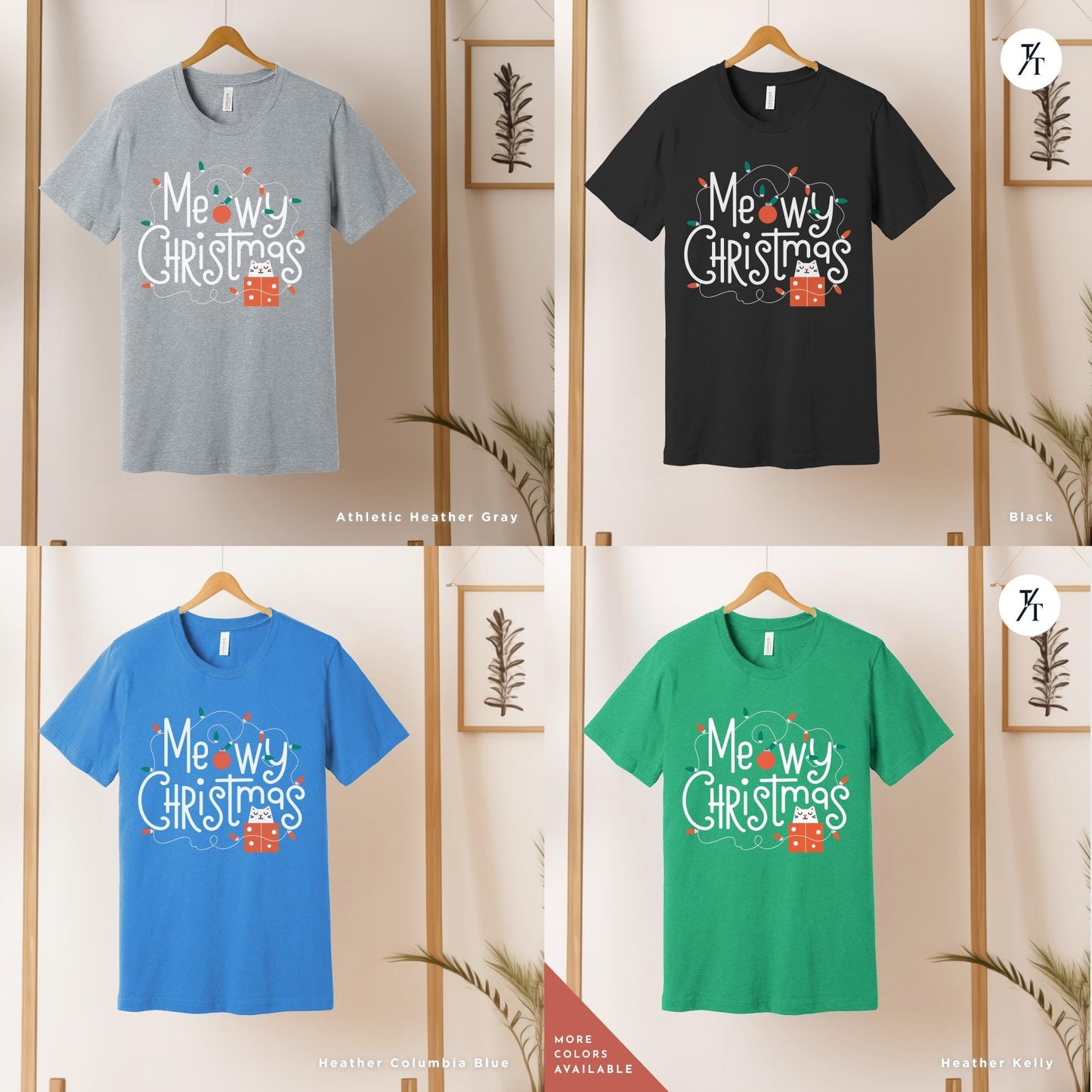 a group of t - shirts hanging on a wall, Meowy Christmas black cat christmas lights Shirt, Xmas Black Cats Shirt, Gift For Cat Lover Shirts, Gift For CatMom, Holiday Meowy Xmas Tee
