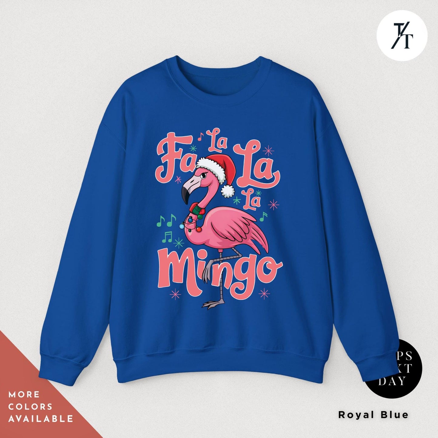 a blue sweatshirt with a pink flamingo wearing a santa hat, Flamingo Print Christmas Sweatshirt, Pink Flamingo Christmas, Flamingos Sweatshirt, Flamingos Lover Gift, Ugly Funny Crewneck Xmas Sweater