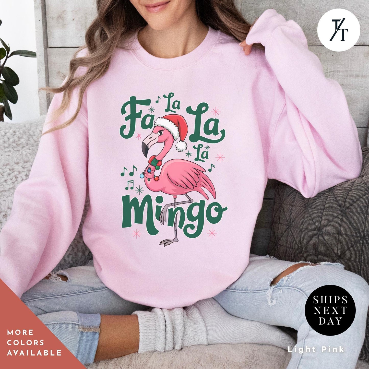 a woman wearing a pink sweatshirt with a flamingo on it, Flamingo Print Christmas Sweatshirt, Pink Flamingo Christmas, Flamingos Sweatshirt, Flamingos Lover Gift, Ugly Funny Crewneck Xmas Sweater