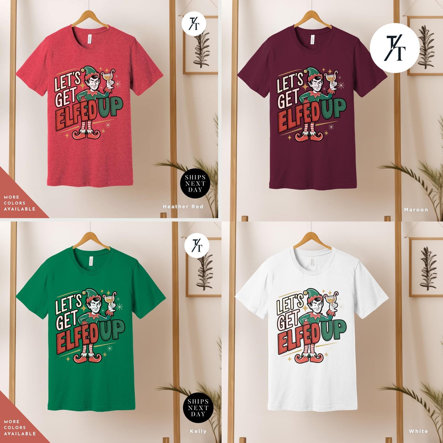 a group of t - shirts hanging on a wall, Lets Get Elfed up shirt Christmas Elf Shirt Let'S Get Elfed Up Funny Christmas Party Adult Drinking Humor Elf Shirt, Holiday Party Shirts