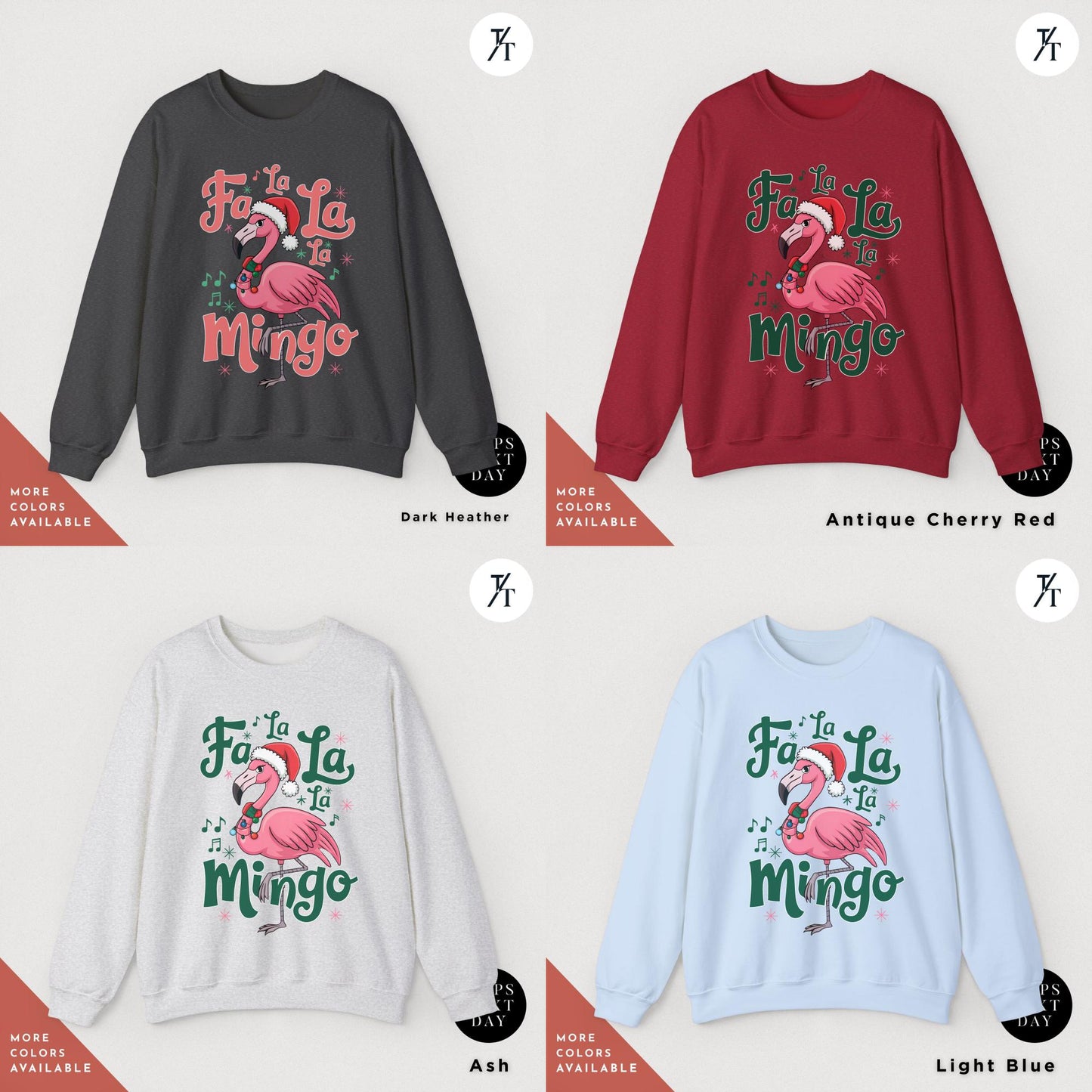 a group of sweaters with different designs on them, Christmas Flamingo Sweatshirt, Fa La La Mingo Tropical Christmas Sweater, Flamingo Xmas Shirt Flamingos Lover Gift, Cute Santa Hat Flamingos