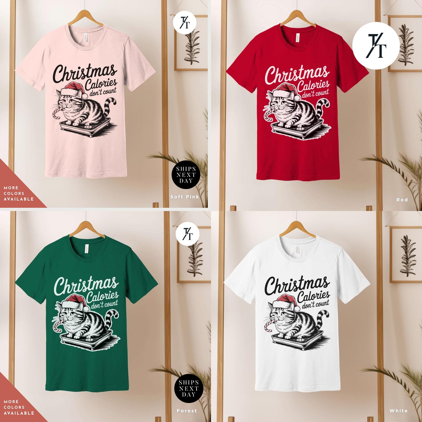 a group of t - shirts hanging on a wall, Retro girl christmas dont count calories Christmas Calories Cat Shirt, Gift For Cat Lover Shirt Retro Holiday Funny Vintage Girl Xmas Shirts