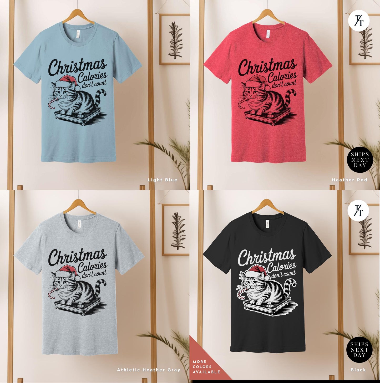 a group of t - shirts hanging on a wall, Retro girl christmas dont count calories Christmas Calories Cat Shirt, Gift For Cat Lover Shirt Retro Holiday Funny Vintage Girl Xmas Shirts