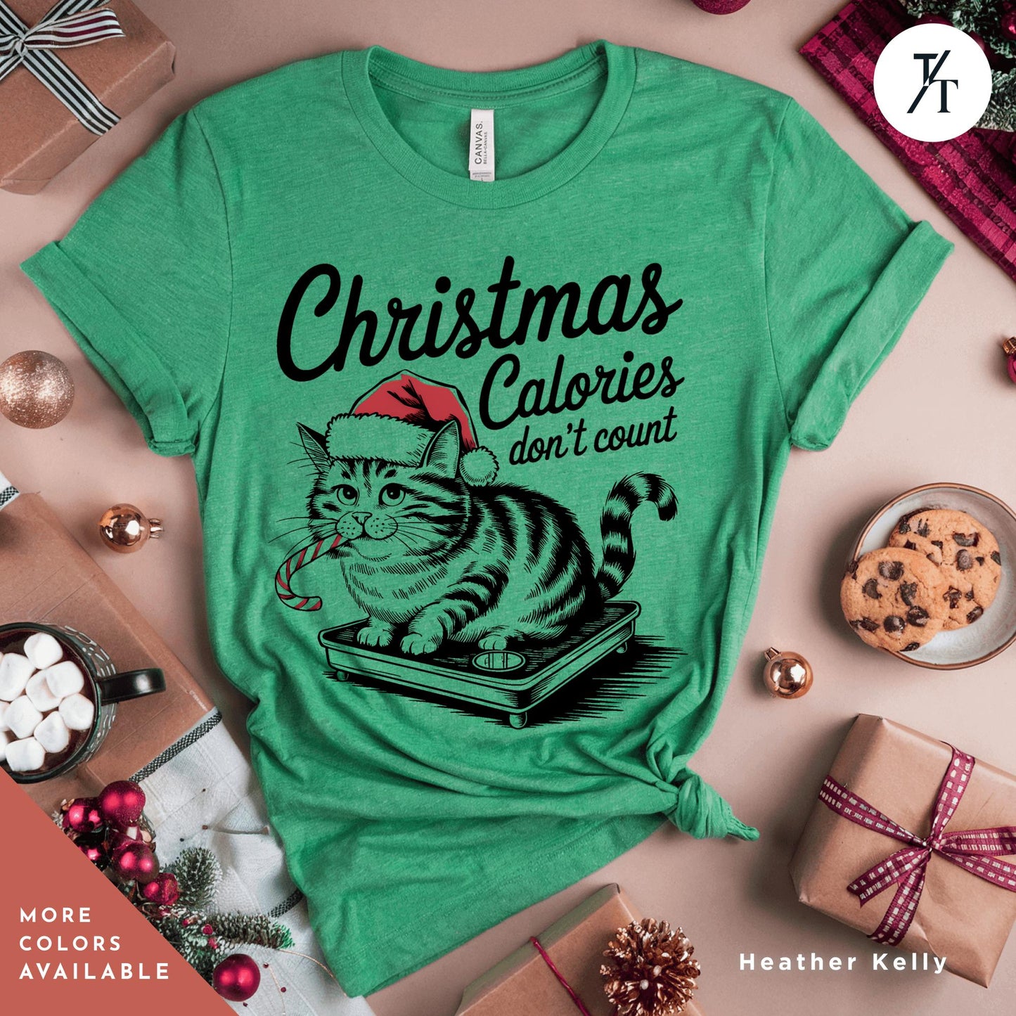 a t - shirt with a cat wearing a santa hat, Retro girl christmas dont count calories Christmas Calories Cat Shirt, Gift For Cat Lover Shirt Retro Holiday Funny Vintage Girl Xmas Shirts