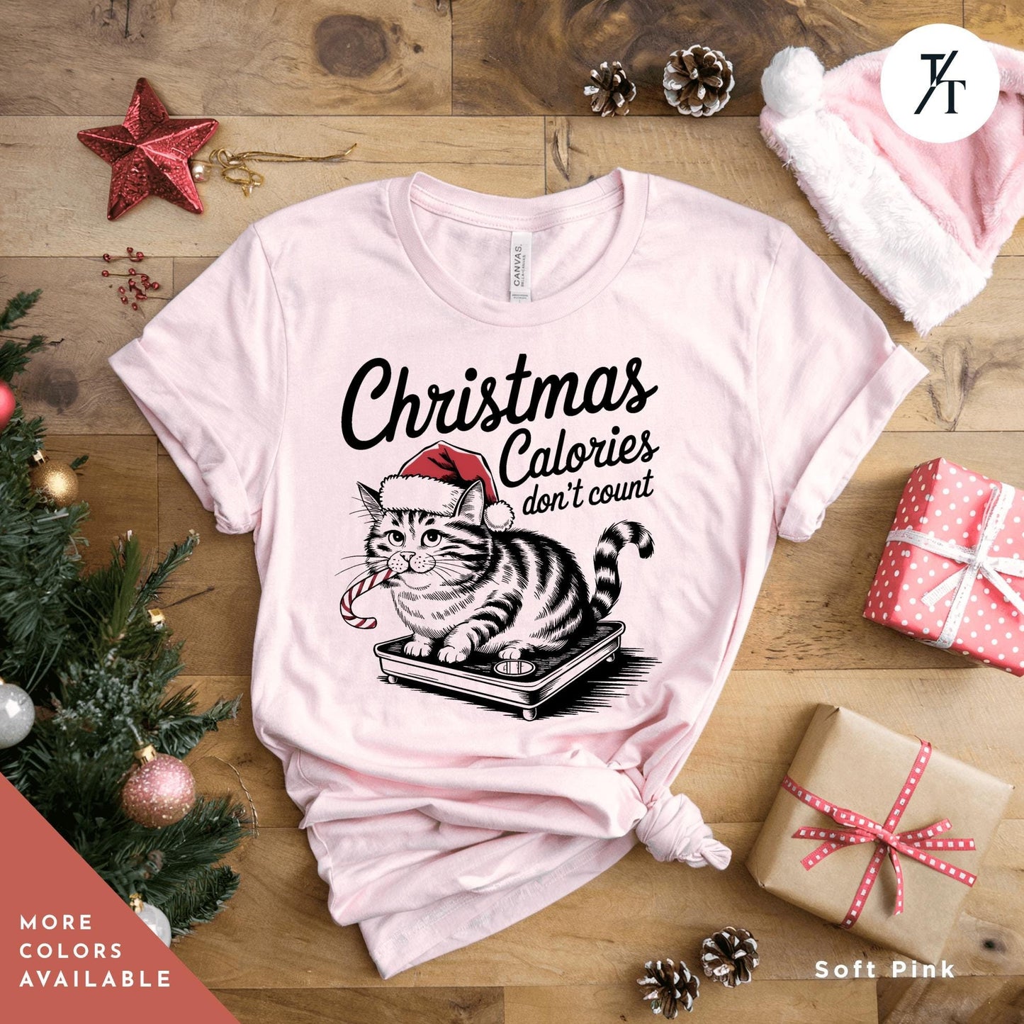 a t - shirt with a cat wearing a santa hat, Retro girl christmas dont count calories Christmas Calories Cat Shirt, Gift For Cat Lover Shirt Retro Holiday Funny Vintage Girl Xmas Shirts