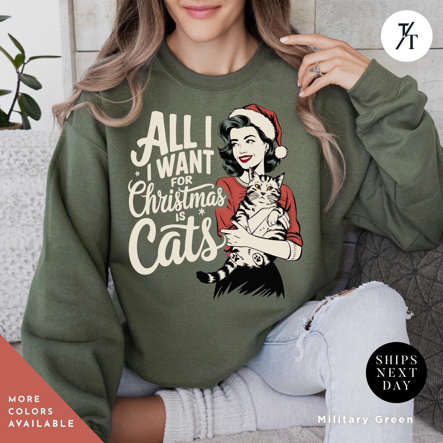 a woman wearing a sweatshirt that says all i want for christmas is cats, all i want for christmas is cats Retro Christmas Sweatshirt, Retro Cat All I Want For Xmas Sweater, Gift For Cat Lover, Holiday Sweatshirt