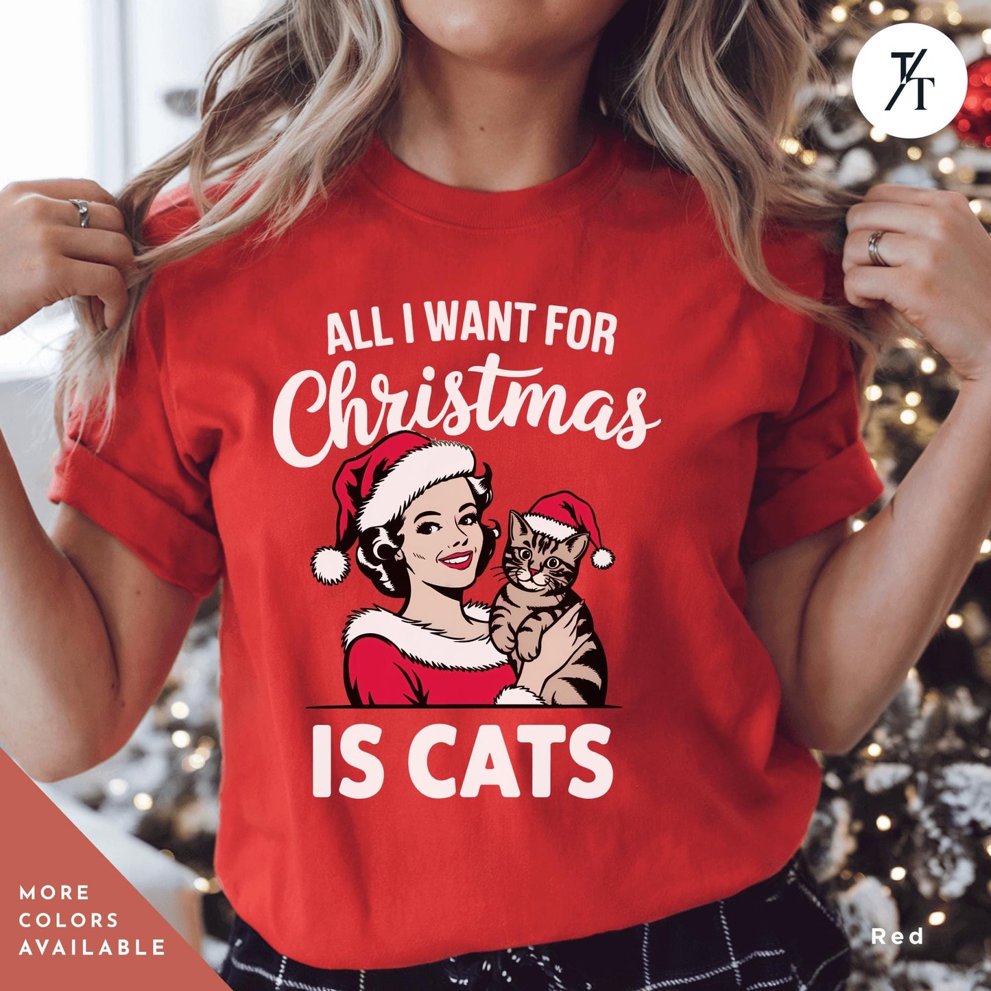 a woman wearing a red shirt with a cat on it, All I Want is for Christmas Cat Shirt, Gift For Cat Lover Shirt, Retro Merry Christmas All I Want For Xmas, CatMom Xmas, funny Holiday tee