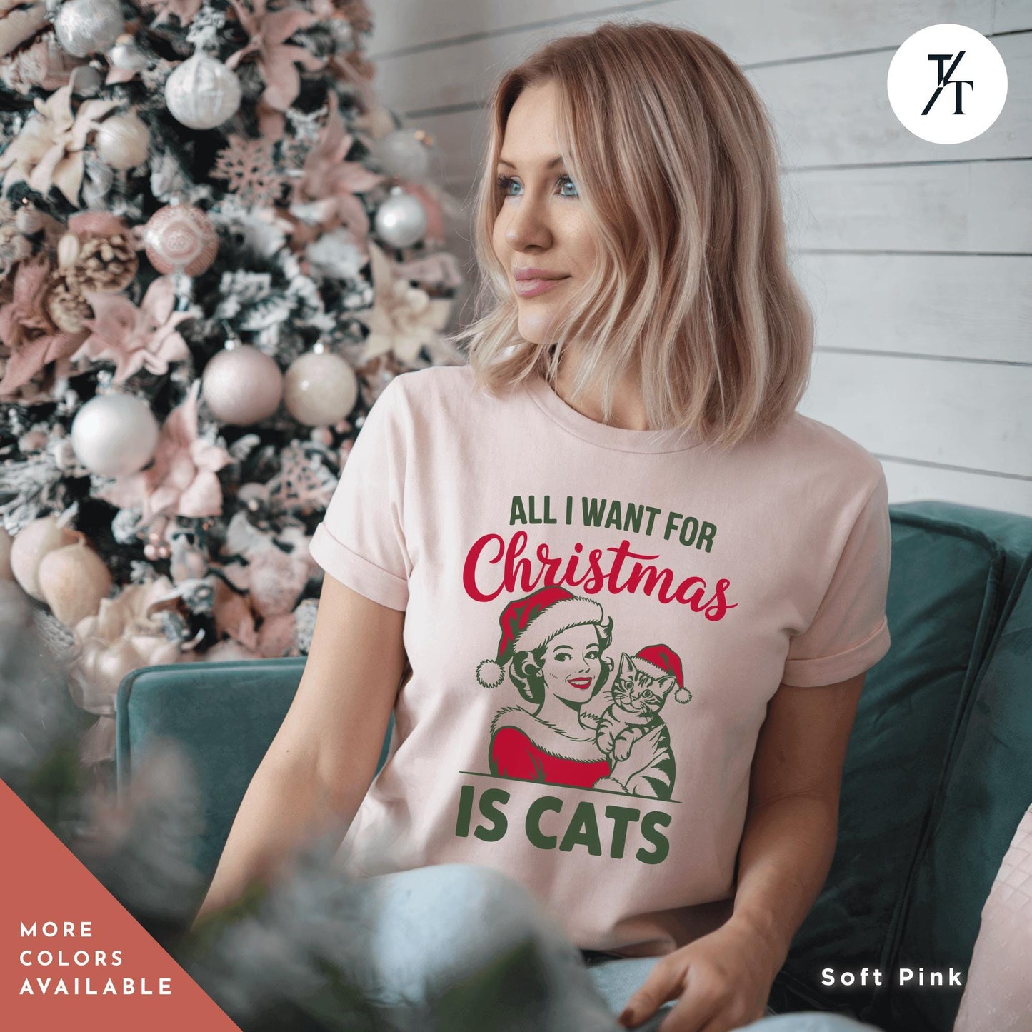 a woman sitting on a couch in front of a christmas tree, All I Want is for Christmas Cat Shirt, Gift For Cat Lover Shirt, Retro Merry Christmas All I Want For Xmas, CatMom Xmas, funny Holiday tee