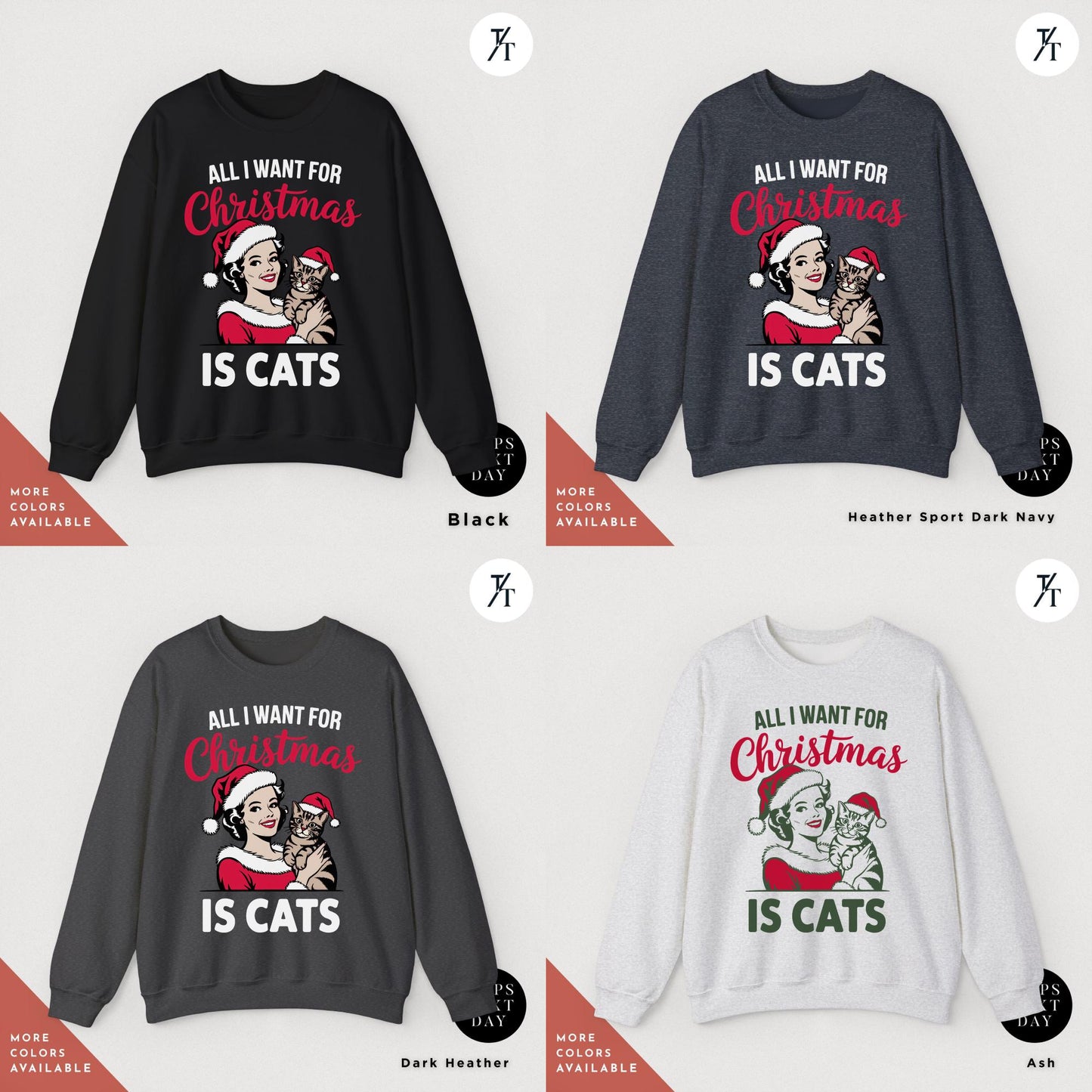 a set of four sweaters with the words all i want for christmas is cats, all i want for christmas is cats Retro Christmas Sweatshirt, Retro Cat All I Want For Xmas Sweater, Gift For Cat Lover, Holiday Sweatshirt